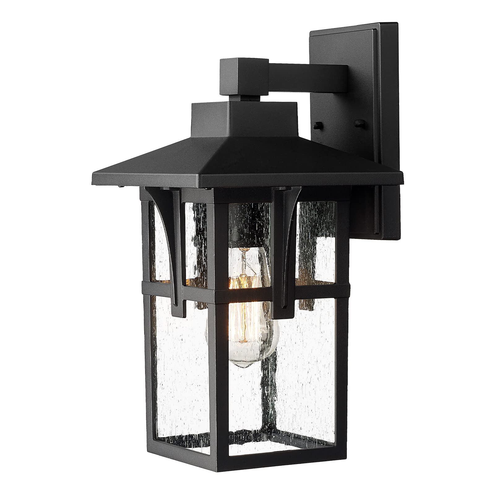 Exterior Ceiling Pendant Light for Hallway Porch, Modern Outdoor Hanging Light, Black Finish with Seeded Glass, ZX1H BK