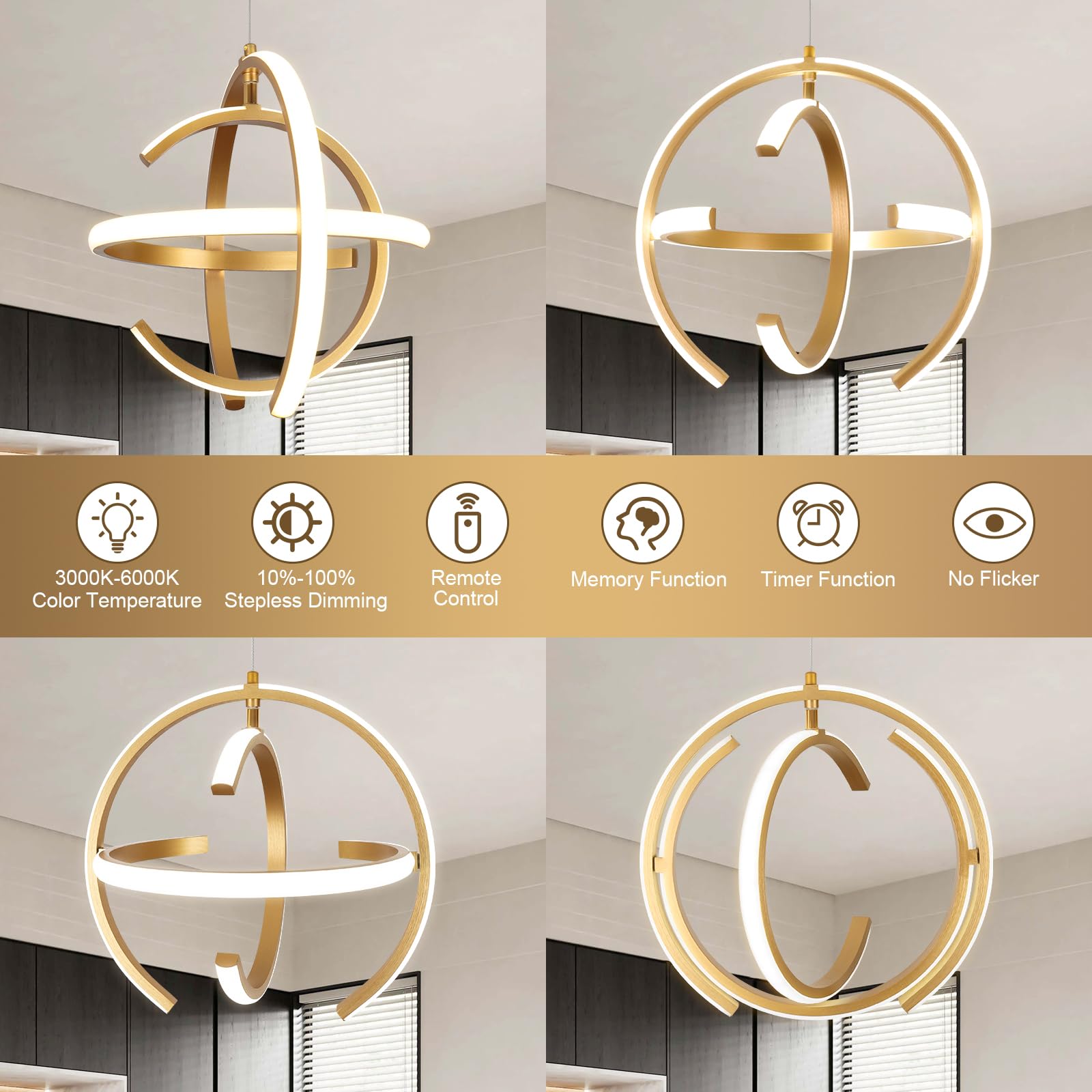 Modern Gold LED Chandelier, Dimmable Metal Brushed Globe Pendant Lights, Hanging Ceiling Light Fixture for Kitchen Island Living Room Room Dining Bedroom Hallway Entryway Foyer 13.8 Inchs