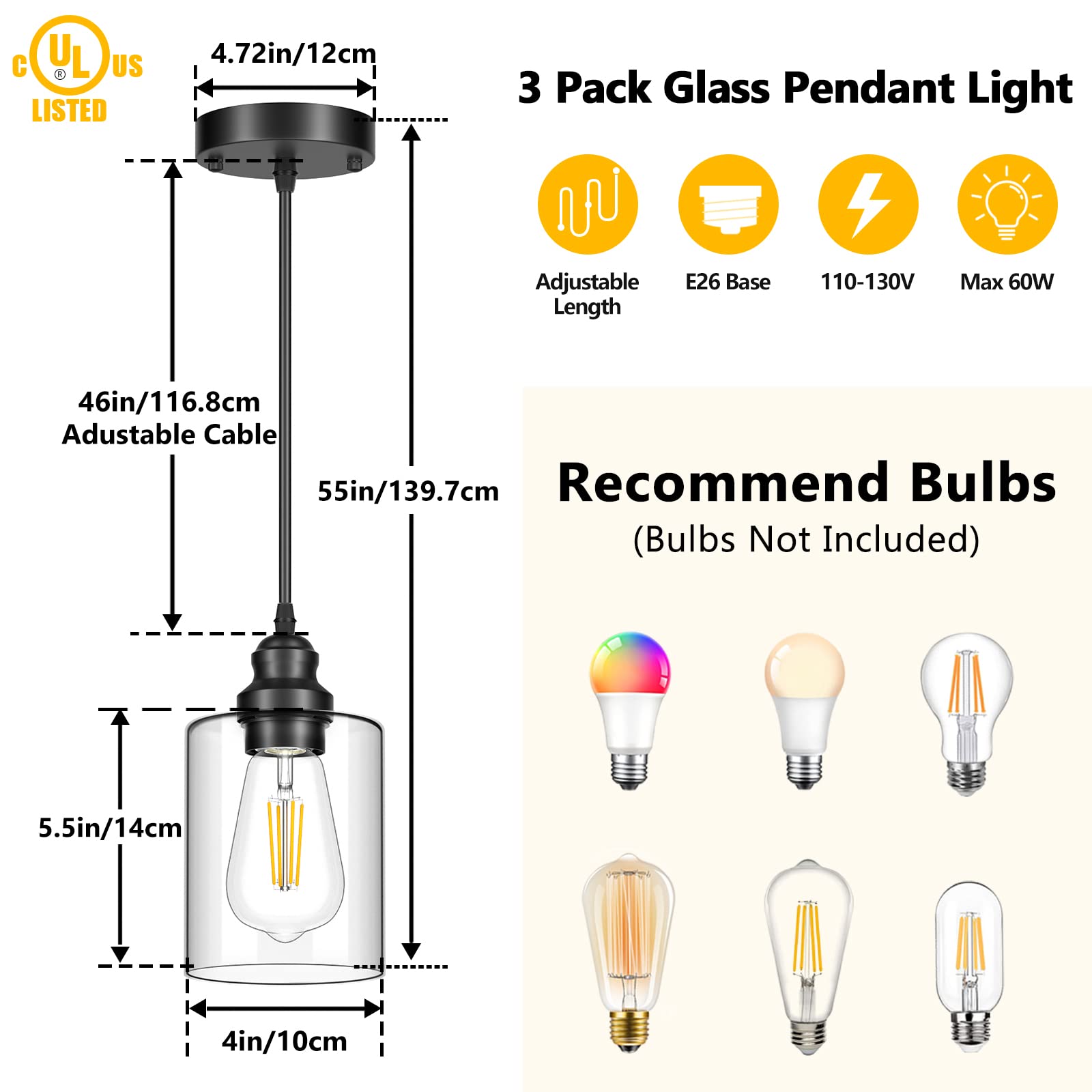 3 Pack Hanging Pendant Lighting Fixtures, Adjustable Black Hanging Ceiling Lamp with Clear Glass Shade, Modern Pendant Light for Kitchen Island, Dining Room, Bedroom, Hallway