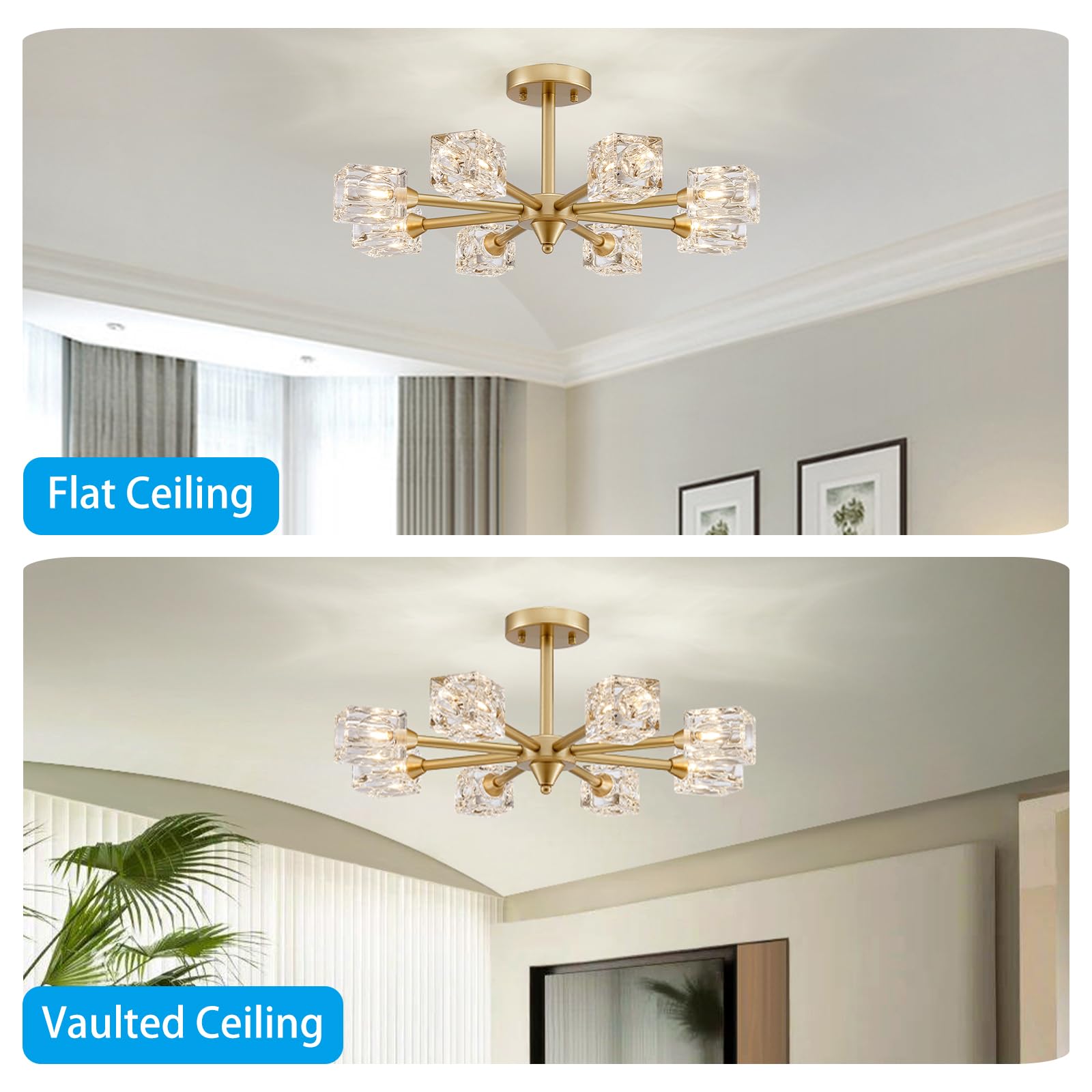 8-Light Semi Flush Mount Ceiling Light Fixture Modern Antique Gold Sputnik Chandeliers Fashion Lighting for Bedroom Dining Room Farmhouse Kitchen Office