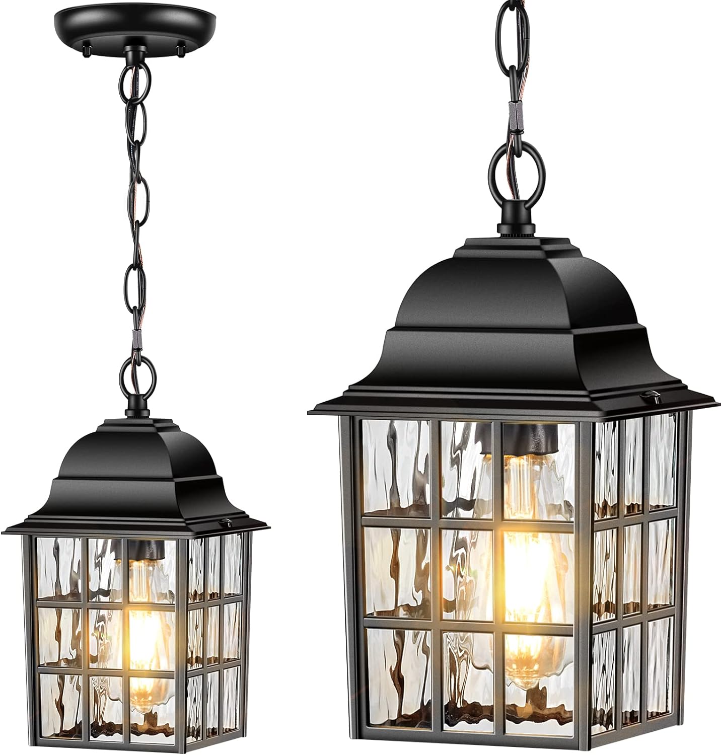 Outdoor Pendant Lights, Black Outdoor Lanterns for Front Porch Anti-Rust Aluminum, Outdoor Farmhouse Light Fixture, Gazebo Chandelier with Tempered Ripple Glass for Porch, Garage, Entryway