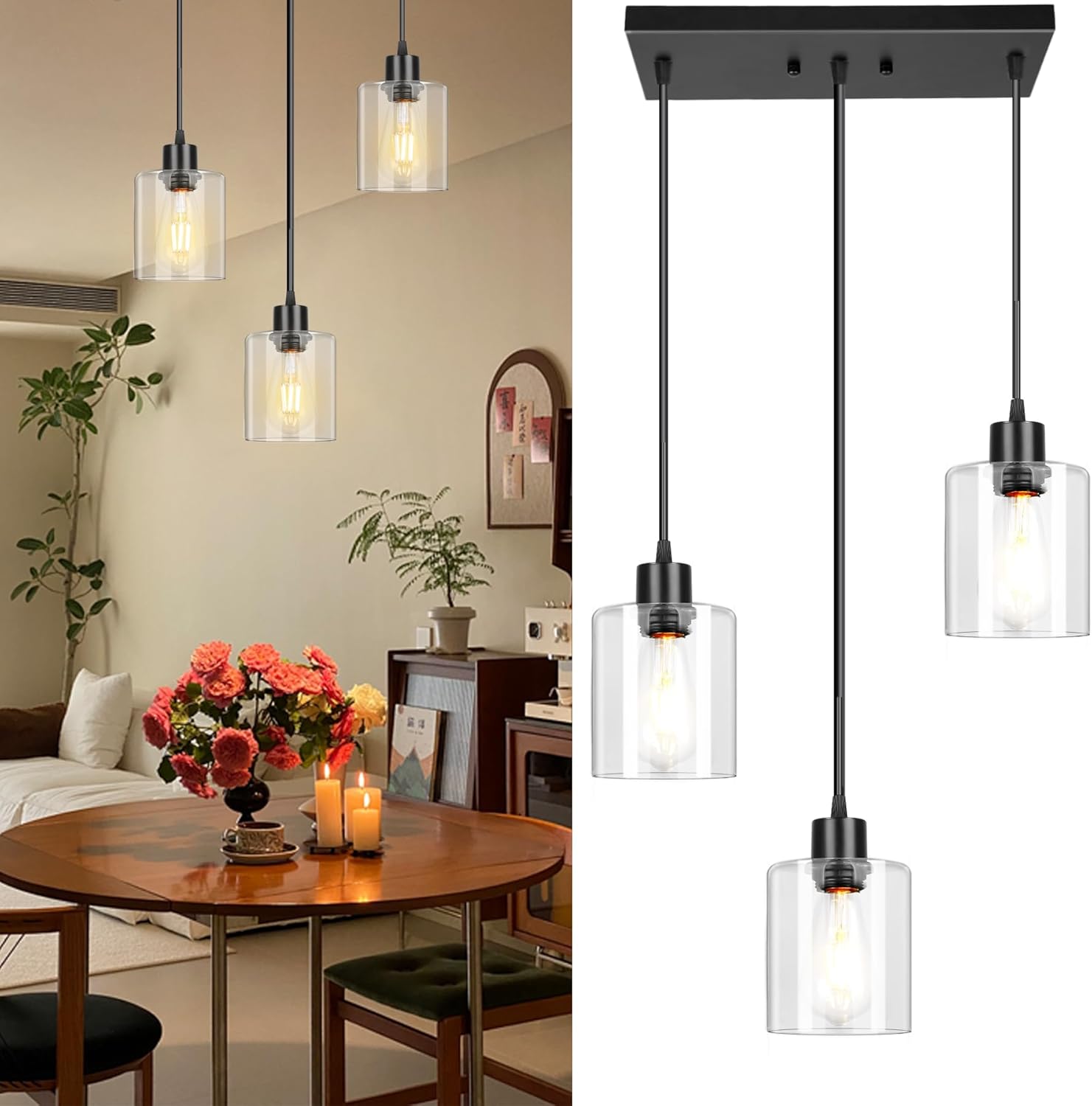 3-Light Pendant Light Fixtures with Clear Glass, Black Hanging Light Fixture for Ceiling, Adjustable Kitchen Island Light for Dinning Room, Bedroom,Hallway, E26 Base, Bulbs Not Included