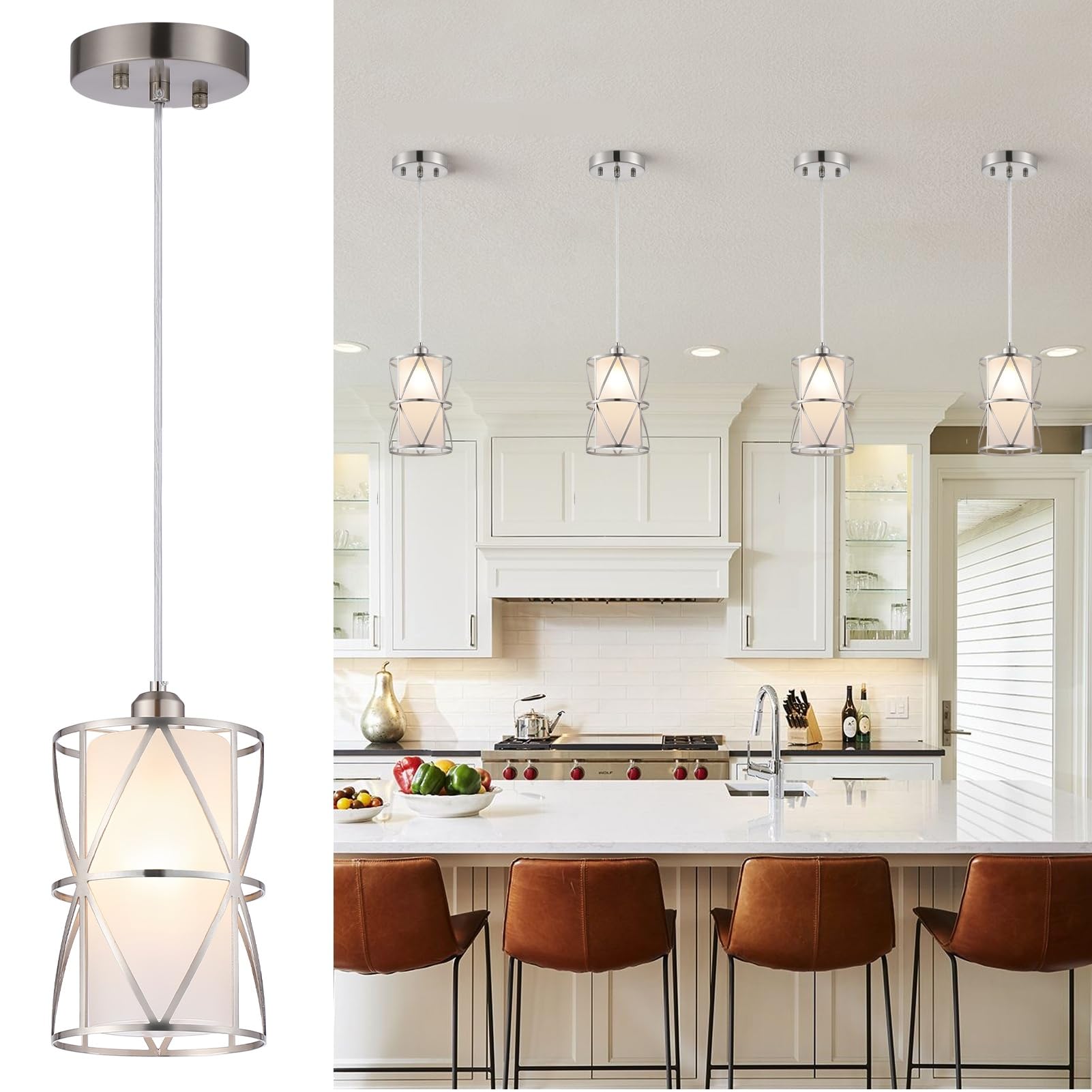 Modern Pendant Lights with Frosted Glass, Brushed Nickel Pendant Light Fixtures, Cylindrical Pendant Lighting for Kitchen Island, Kitchen Hanging Lights Over Island, Foyer, Dining Room, Entryway