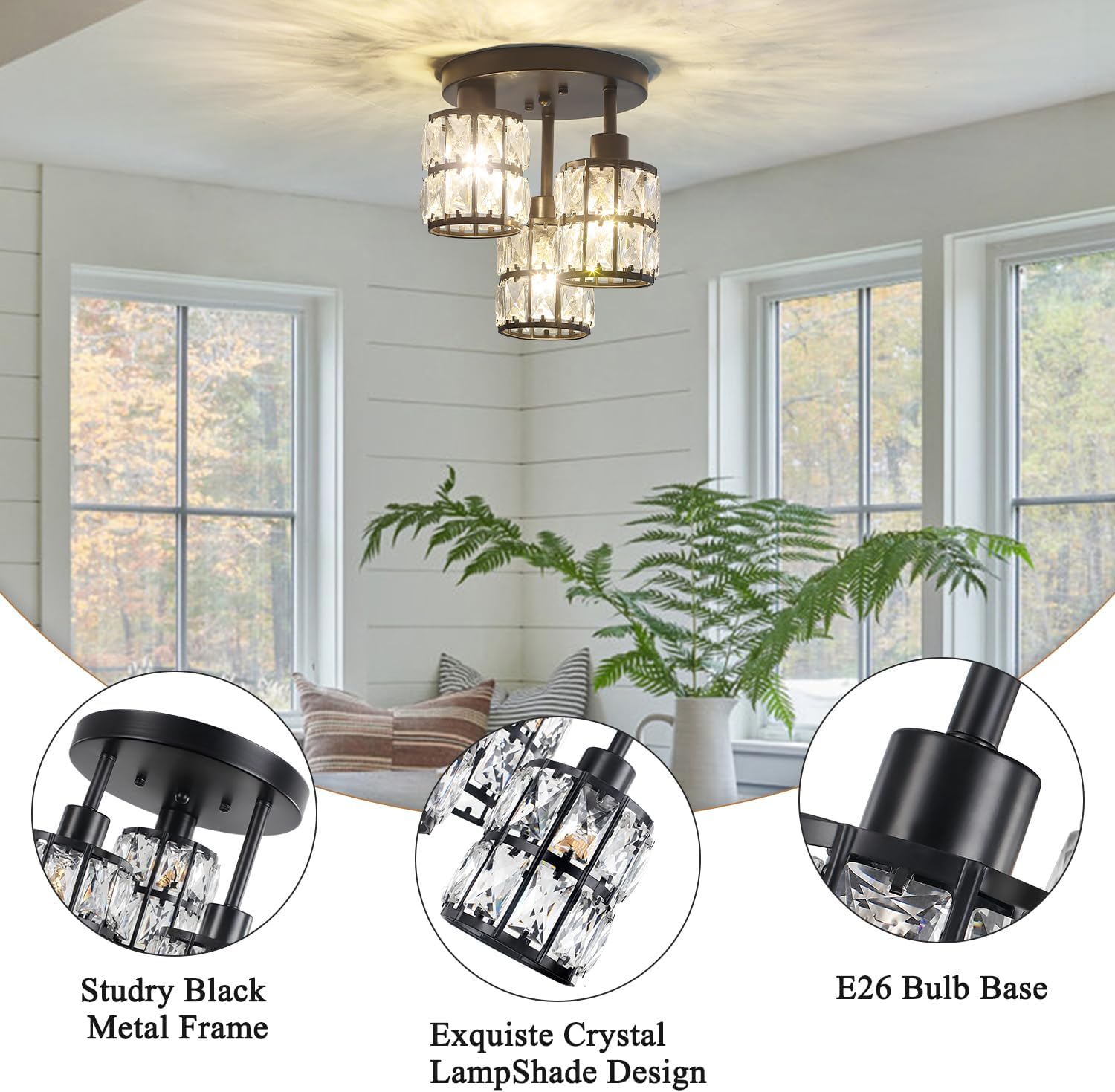 Crystal Semi Flush Mount Ceiling Light, 3-Light Close to Ceiling Light Fixture Black Small Crystal Ceiling Lighting Modern Crystal Chandeliers for Kitchen Dining Room Entryway Bedroom Hallway