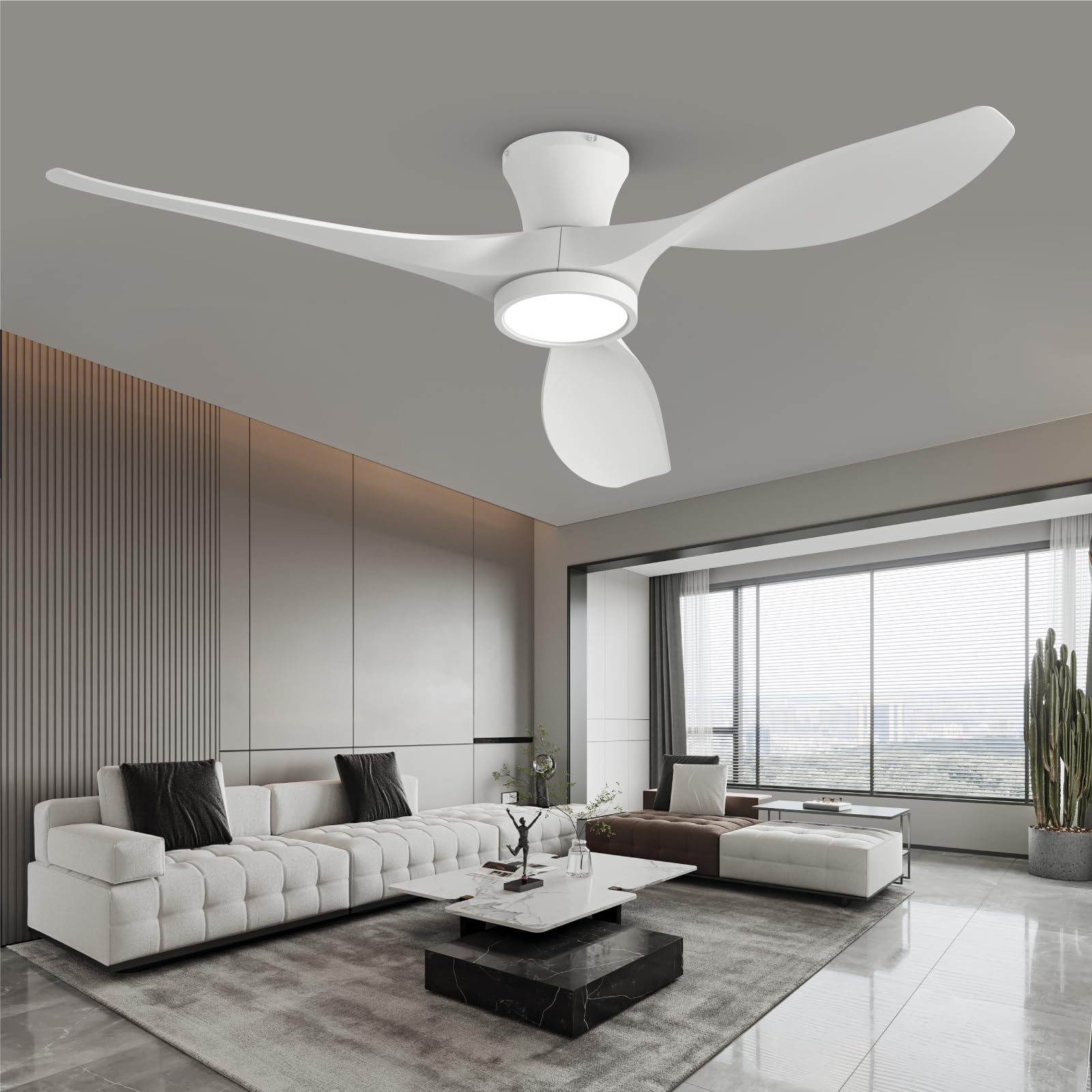 52 inch Ceiling Fans with Lights Remote Control, Modern Low Profile Ceiling Fan with Quiet Reversible DC Motor for Bedroom Living Room and Patio White