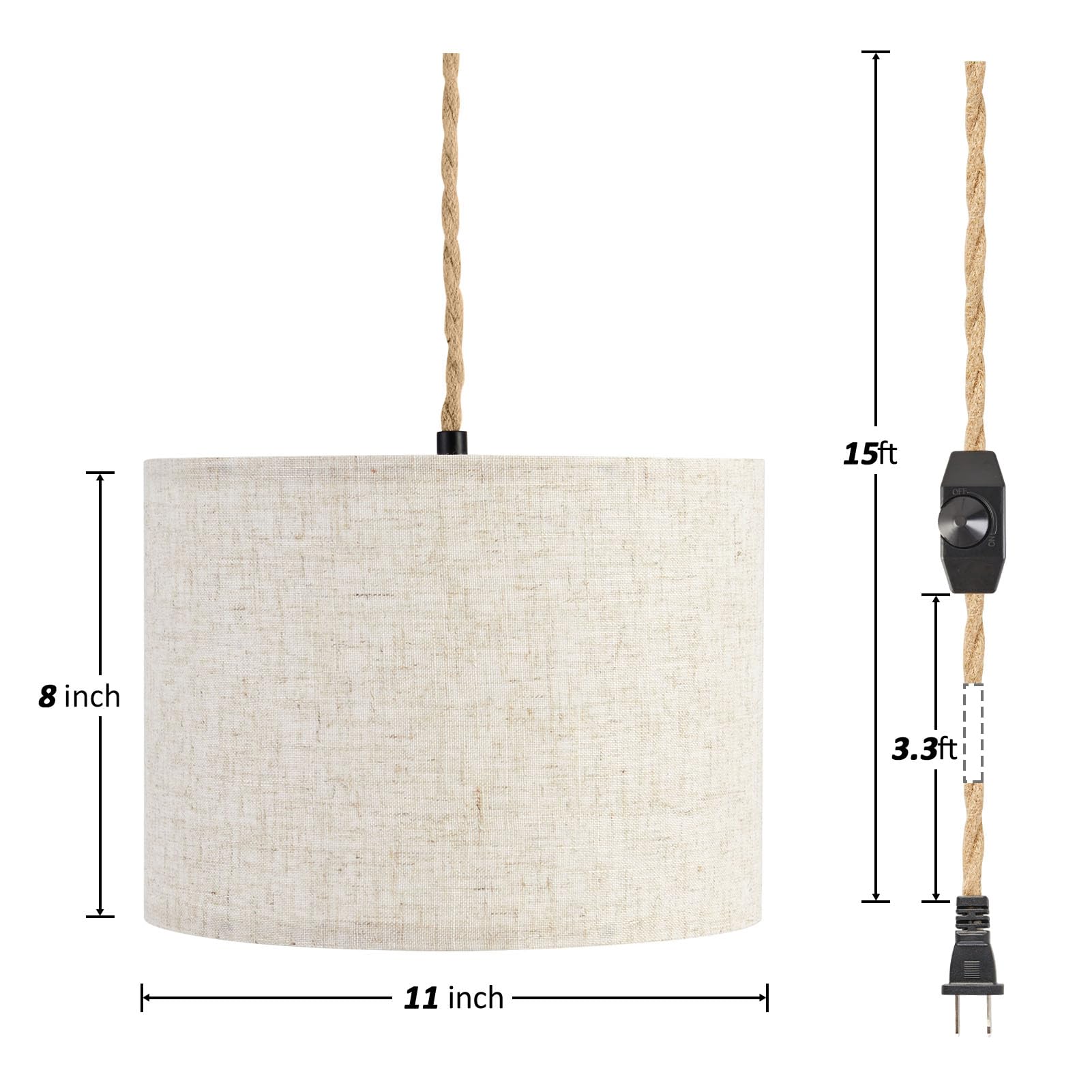 Plug in Pendant Light, Hanging Light with Plug in Cord with Dimmable Switch, Hanging Lamp with 15ft Hemp Rope, Beige Linen Shade, Hanging Light Fixture for Bedroom, Living Room 2 Pack