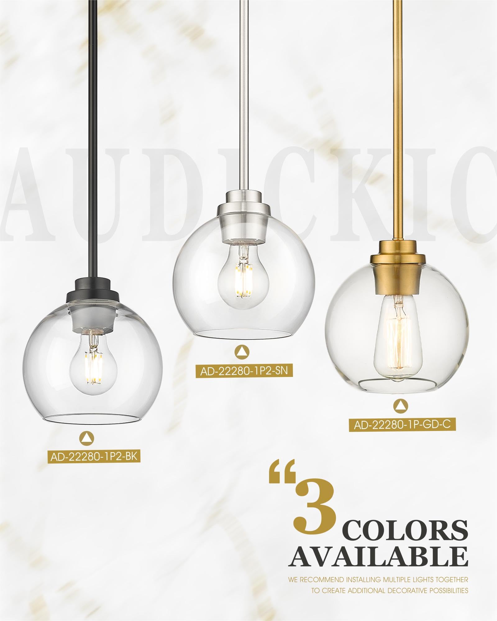 Brass Pendant Lights Kitchen Island 2 Pack, Farmhouse Gold Pendant Light with Clear Glass Globe Shade, Kitchen Island Lighting for Dining Room Entryway, AD-22280-1P2-GD-C