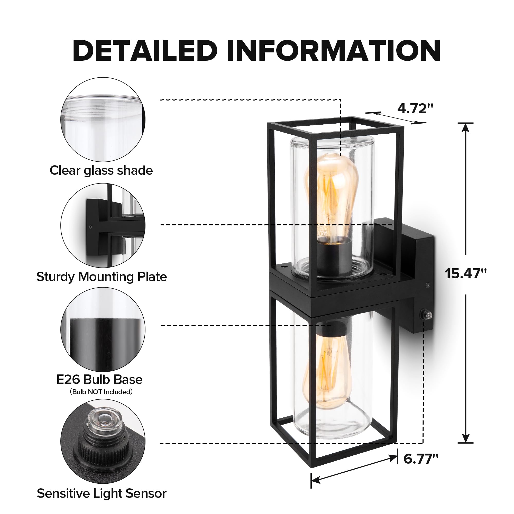 Outdoor Wall Sconce, Modern Black Porch Light Fixtures, Exterior Light Fixtures Wall Mount Light with Clear Glass, Waterproof Wall Lantern for for Garage, Doorway