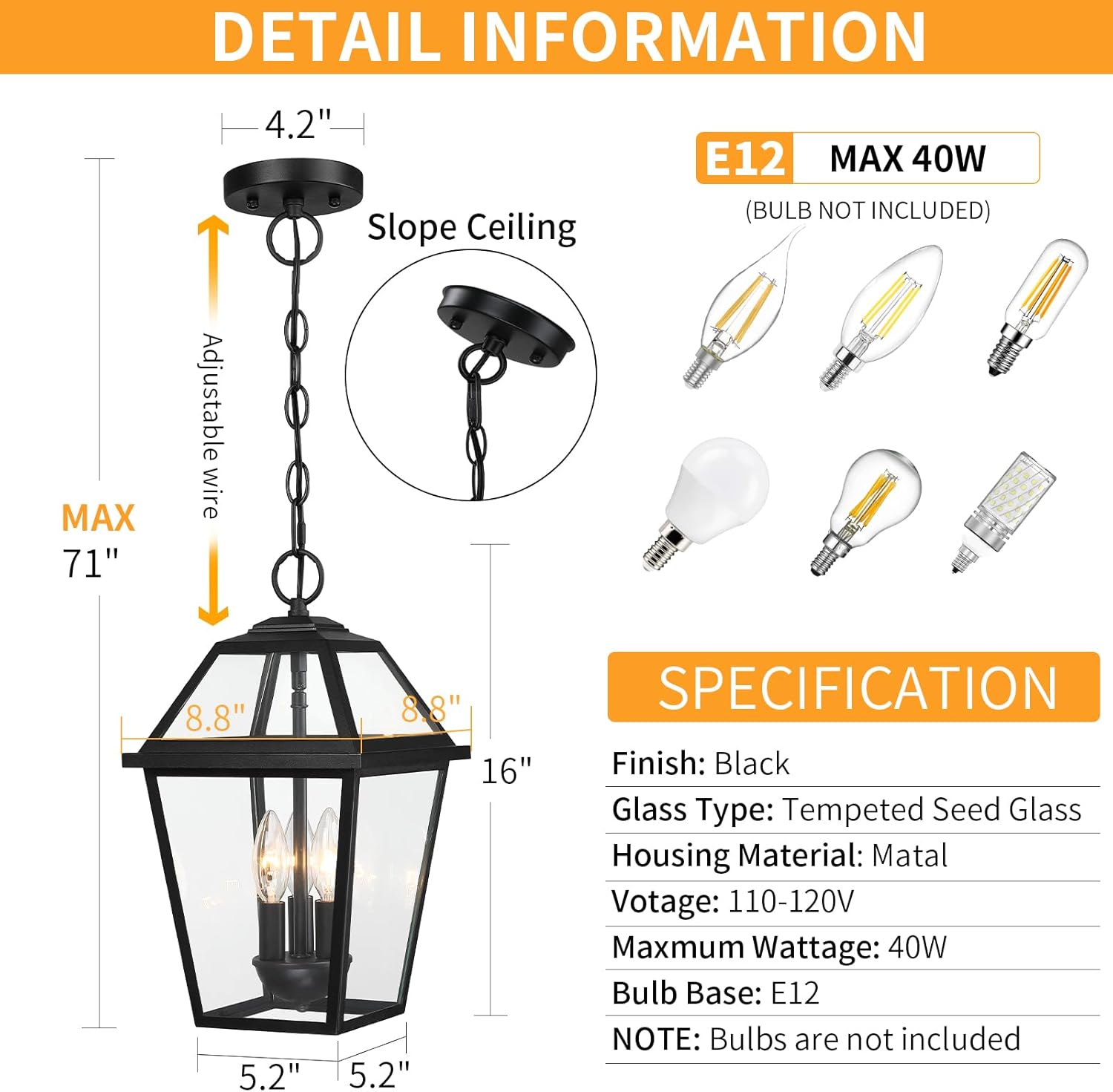 Large Outdoor Hanging Pendant Light 3-Light, 16'' Modern Exterior Hanging Fixture, Farmhouse Matte Black Outside Chandelier with Clear Glass for Front Porch Entryway