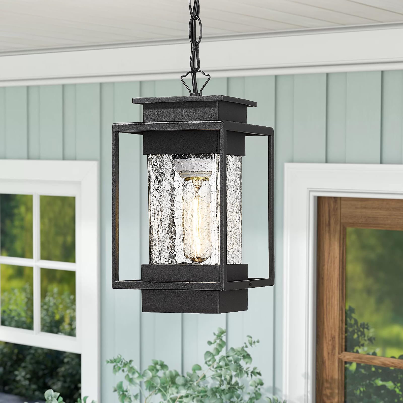 Outdoor Indoor Pendant Light Exterior Hanging Lantern, 11.4" Modern Outside Ceiling Chandelier for Front Porch Entrance Foyer Entryway, Aluminum, Crack Glass, G6001/1H-SBK