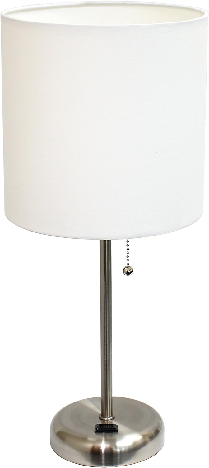 Brushed Steel Stick Table Desk Lamp with Charging Outlet and Drum Fabric Shade, White Shade