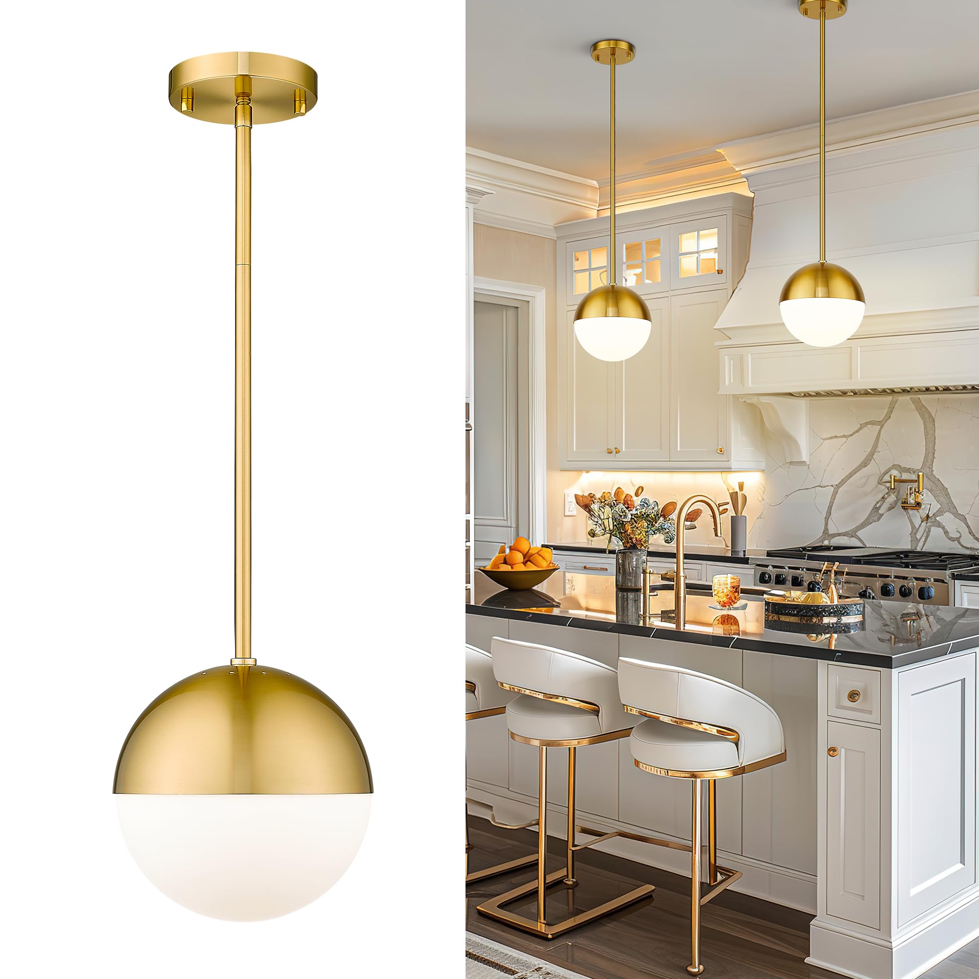 LMS Modern Pendant Lighting Gold Globe Pendant Light Fixture, Mid Century Chandelier One Light Hanging Fixture for Kitchen Island, Adjustable Indoor Lighting for Dinning Room Bedroom, LMS-187