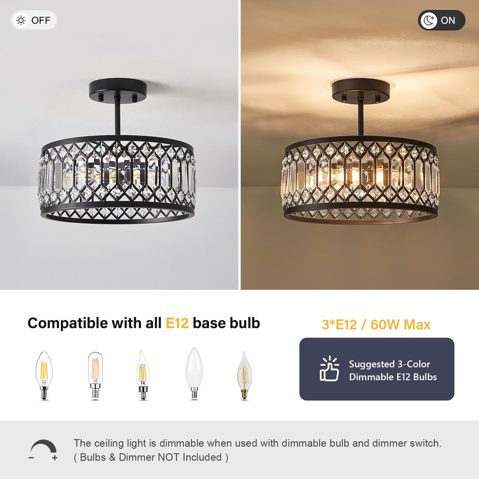 Crystal Black Ceiling Light, Modern Semi Flush Mount Ceiling Lighting Fixture, Round Hallway Lighting Fixtures Ceiling for Kitchen Entryway Bedroom Laundry Room, 1-Light, 11.4 Inch