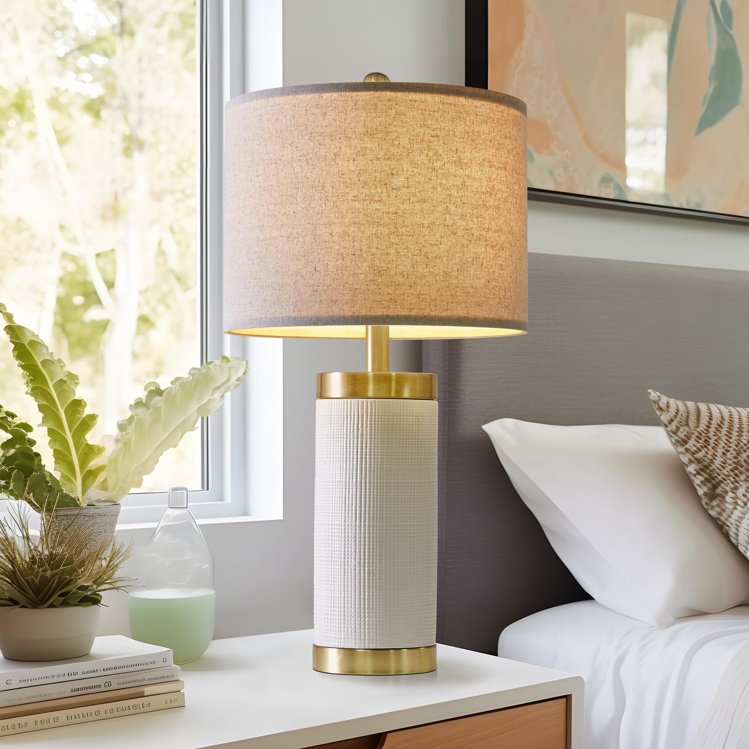 24.5" Modern Ceramic Light-Green Single Bedside Lamp for Bedroom Decor Farmhouse Table Lamp for Living Room Office Dorm