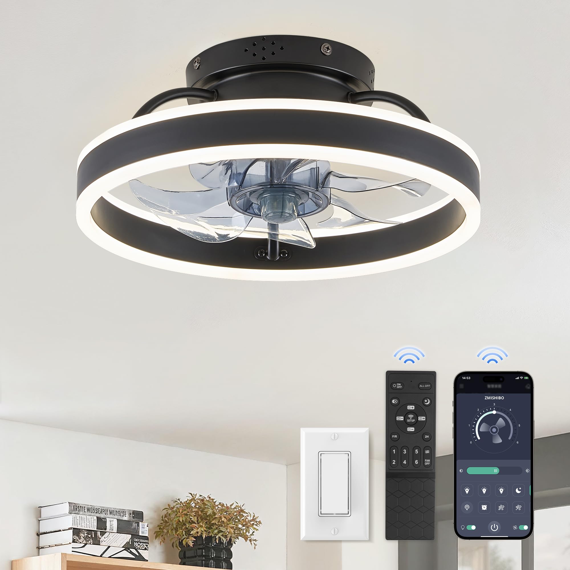 Low Profile Ceiling Fans with Lights and Remote, Modern Flush Mount Ceiling Fan, Dimmable Bladeless LED Small Fan Light, 13 Inch Fandelier Ceiling Fan with Light for Bedroom, Black