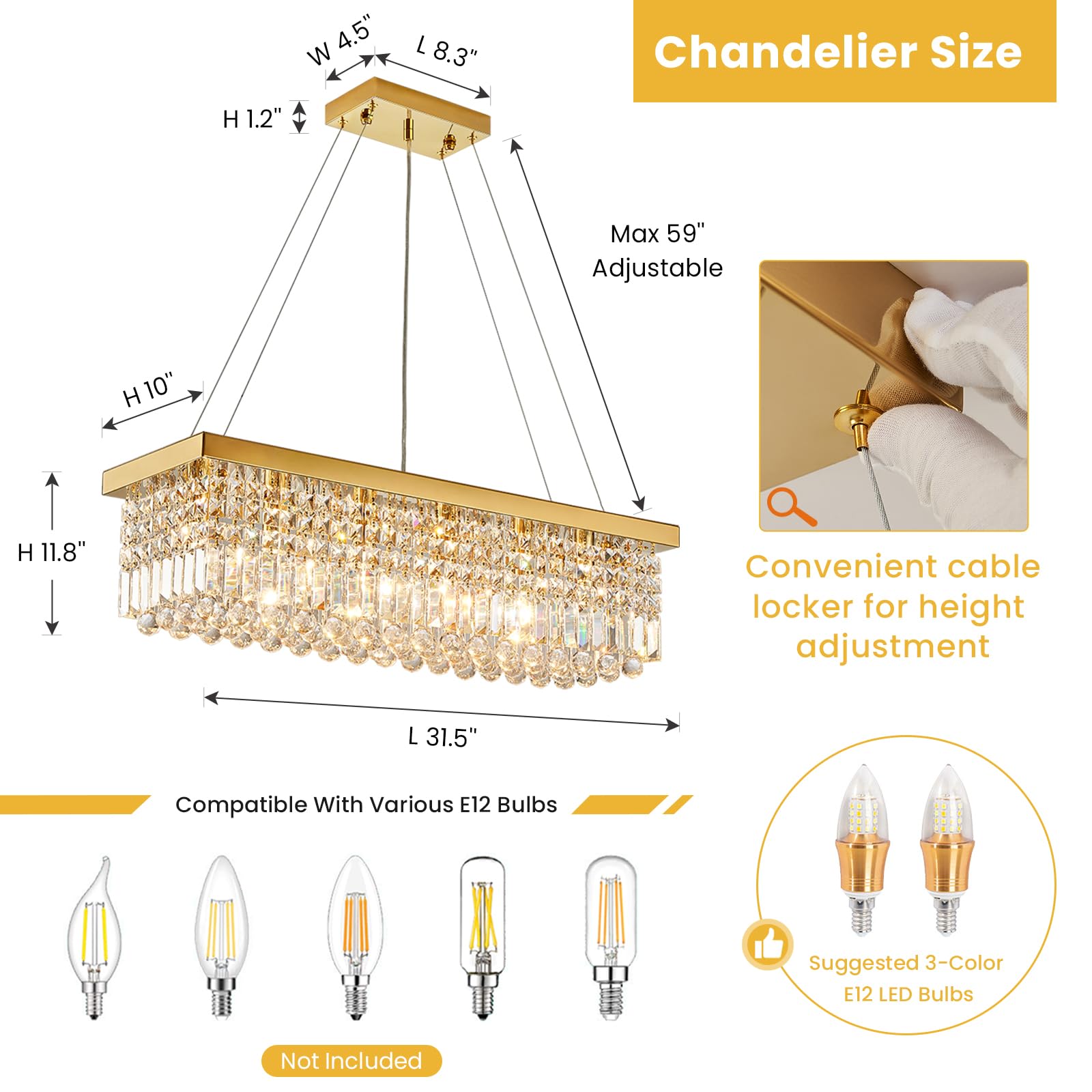 6-Light Modern Crystal Chandelier Rectangular Gold K9 Crystal Raindrop Chandelier for Dining Room, Luxury Adjustable Ceiling Pendant Light for Living Room Kitchen Island L31.5'' x W10'' x H10''