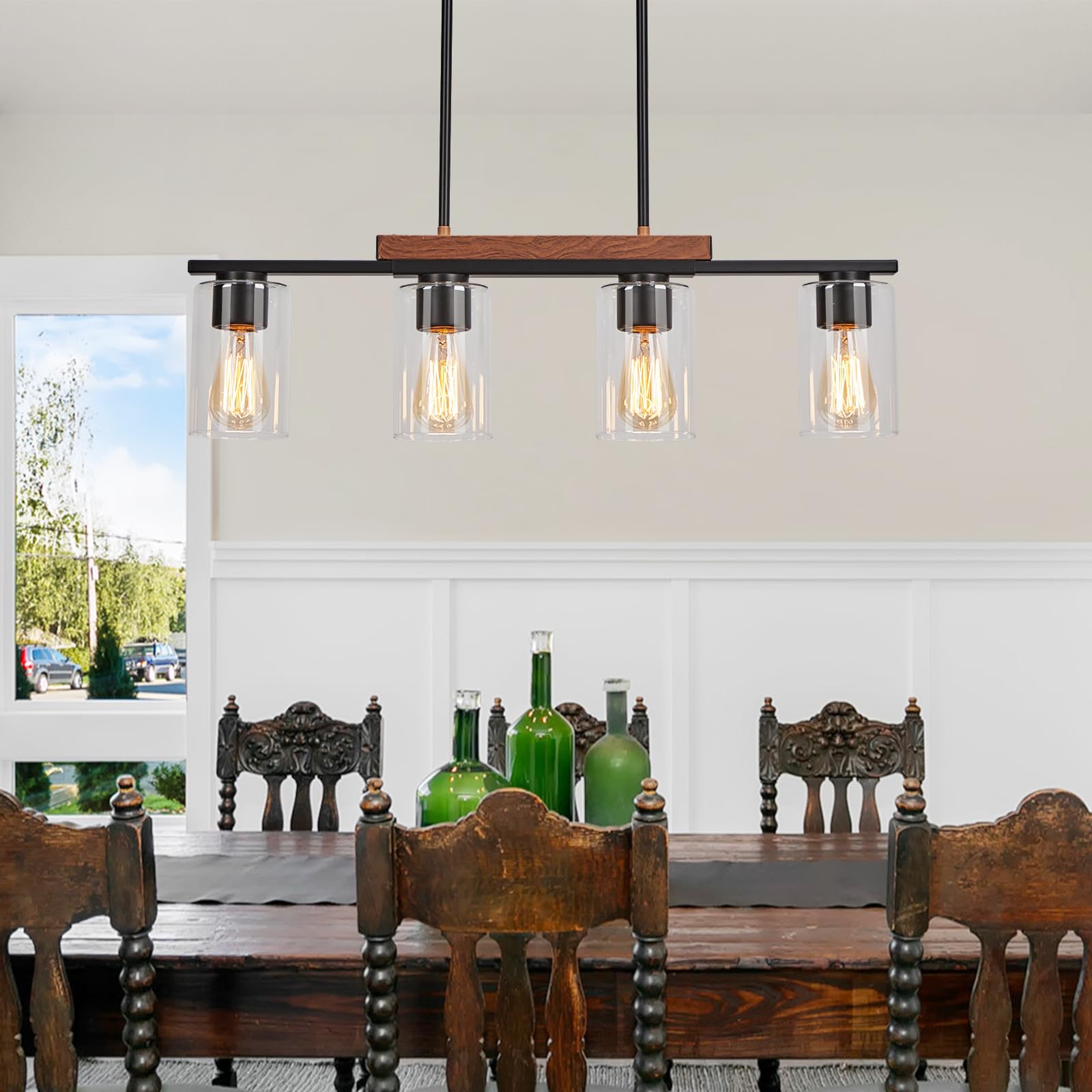 3 Lights Kitchen Island Lighting, Black Pendant Light Fixtures with Glass Shade Dining Room Light Fixture Adjustable Farmhouse Chandelier Modern Pendant Lights Ceiling Hanging Lighting E26 Base