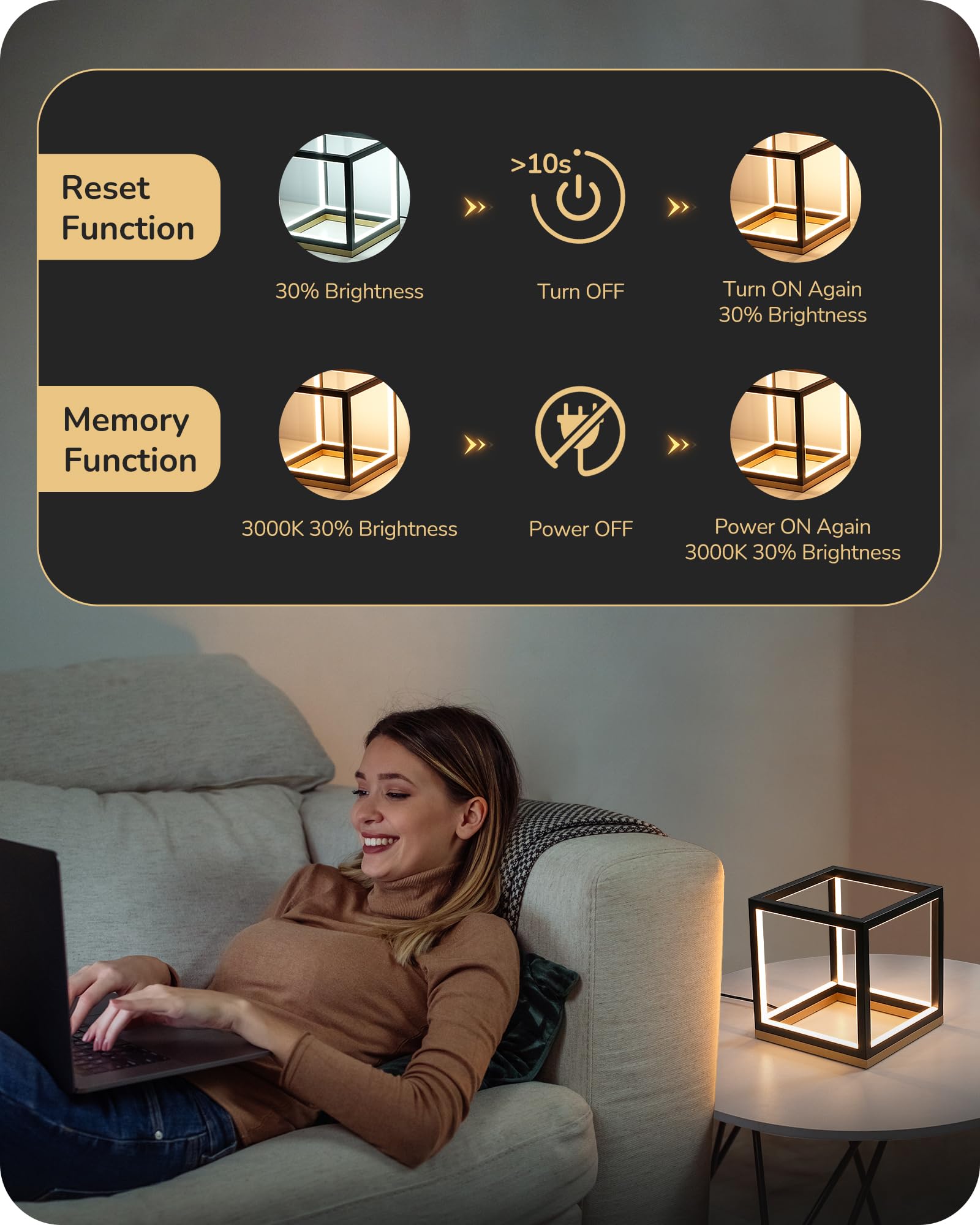 Modern LED Table Lamp, Minimalist Bedside Lamp with Solid Wood Base, 3 Way Dimmable, 3000K/4500K/6000K, 470LM, Black Gold Square Geometric Nightstand Lamp for Living Room, Bedroom, Office