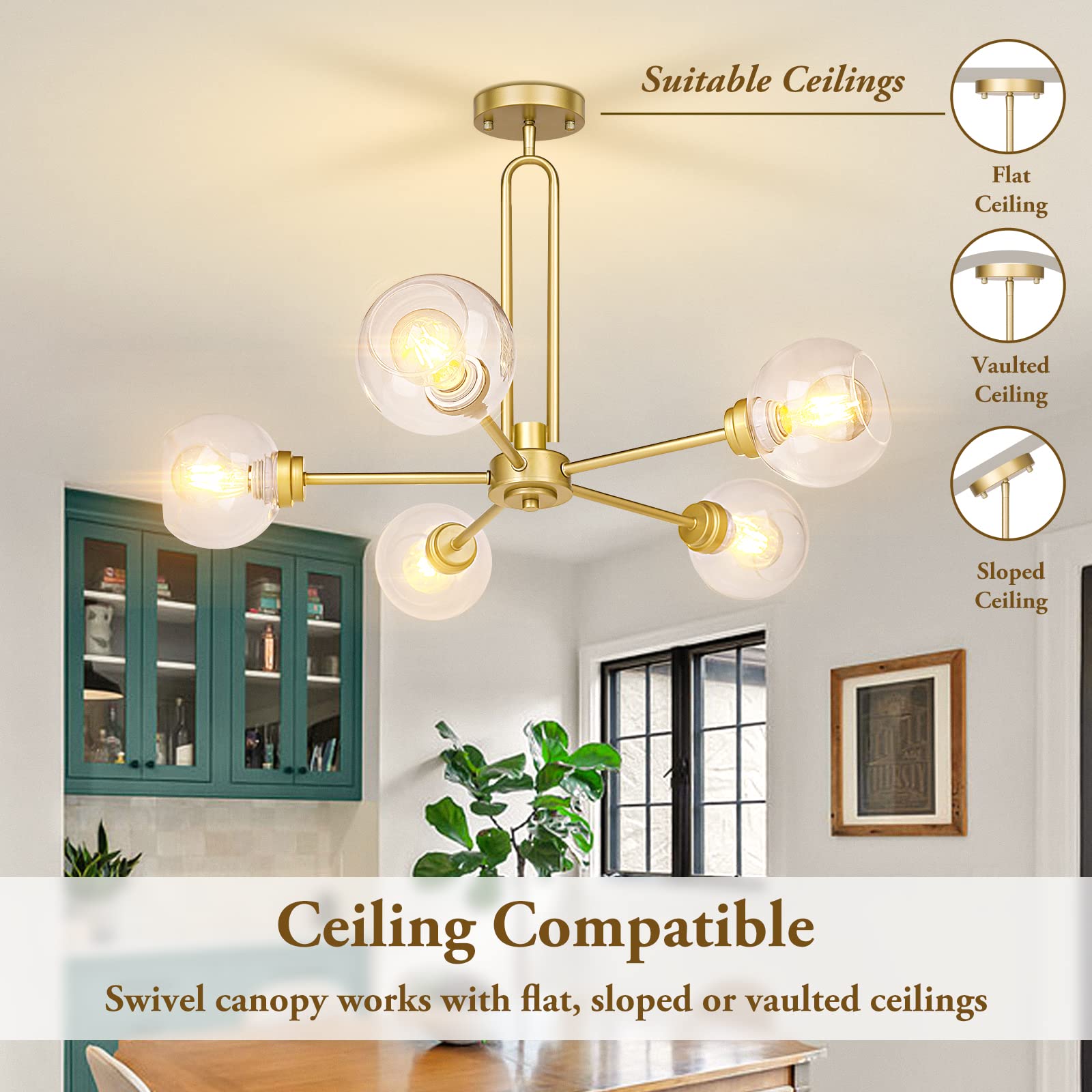 Globe Chandelier Pendant Lighting, Gold Modern Large Semi-Flush Ceiling Light Fixture with Clear Glass, 5-Light Dining Room Light Fixture, Sputnik Light Fixture for Kitchen Living Room Bedroom