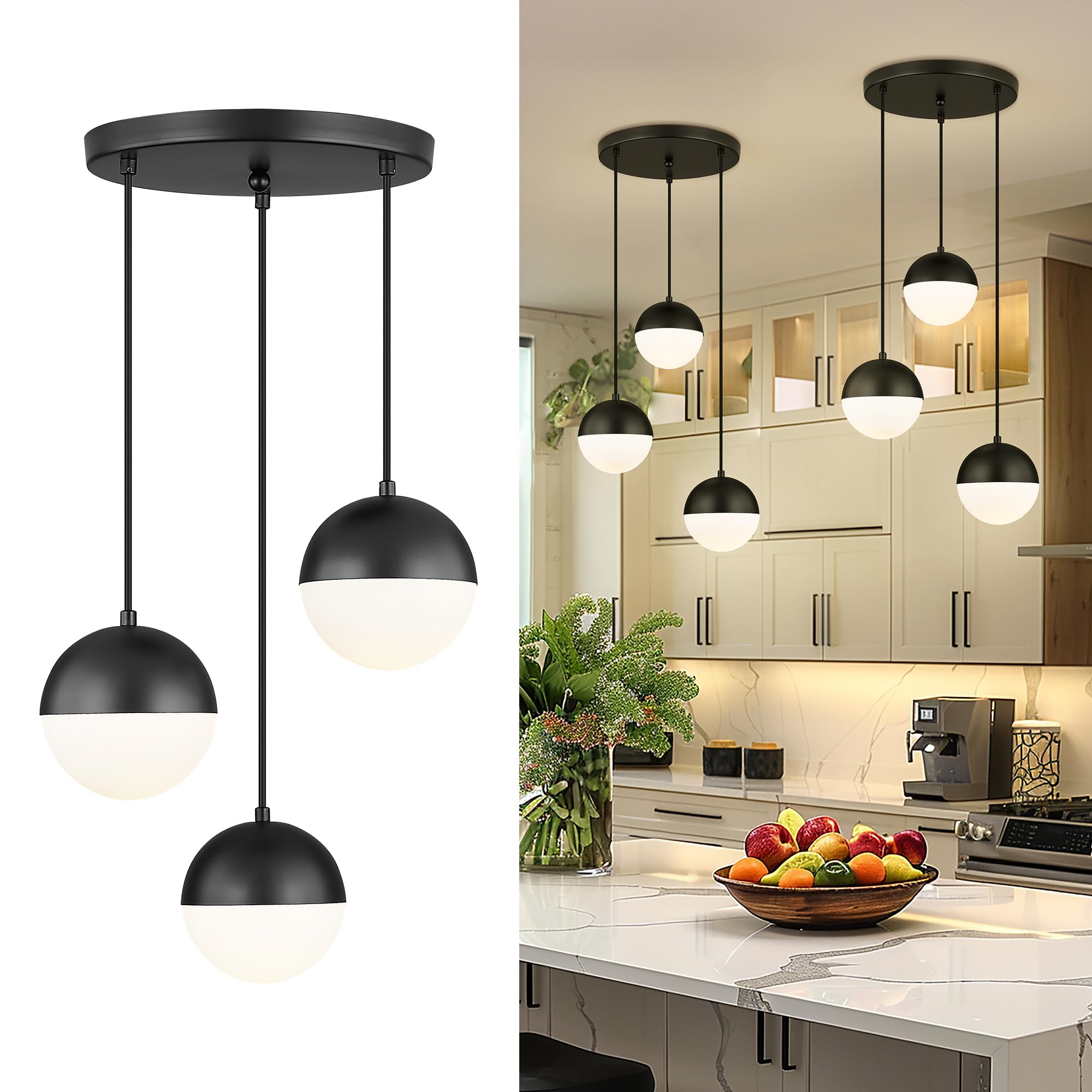 LMS Mid Century 3-Light Cluster Pendant Lights, Matte Black Kitchen Island Light Fixtures with White Globe Glass Shade, Adjustable Hanging Light for Home Office Bathroom Dining Room, LMS-186BK3