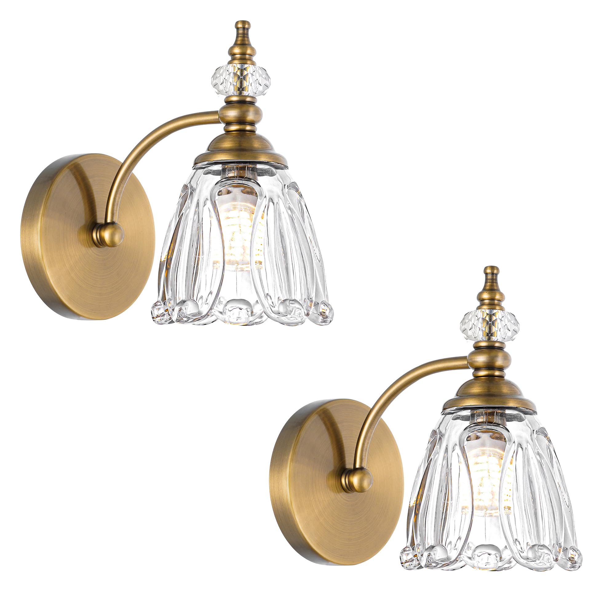 Vintage Brass Wall Sconces Set of Two, Brushed Gold Bathroom Vanity Light Fixtures, G9 Bulbs Bathroom Sconces Set of 2, Glass Wall Lights for Bathroom, Bedroom,Hallway