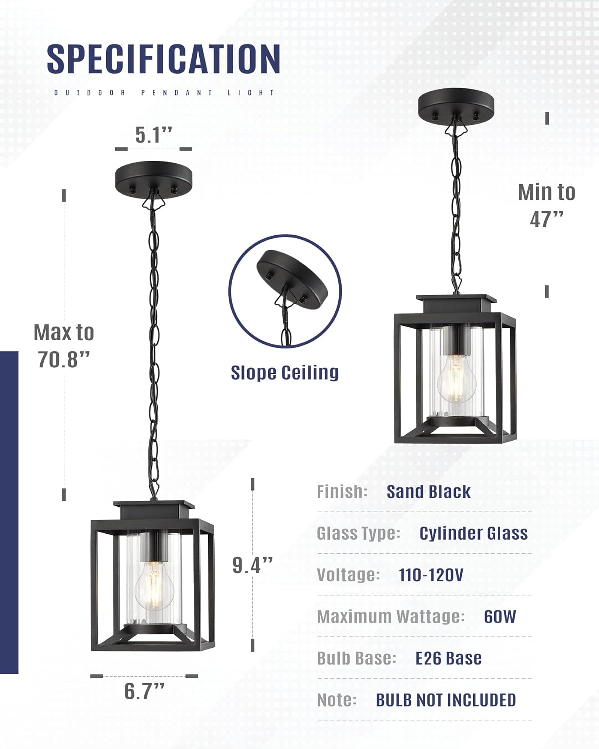 Outdoor Pendant Light, 1-Light Modern Outdoor Hanging Lantern with Adjustable Chain, Exterior Hanging Porch Light in Black Finish with Cylinder Glass, 2353/1H