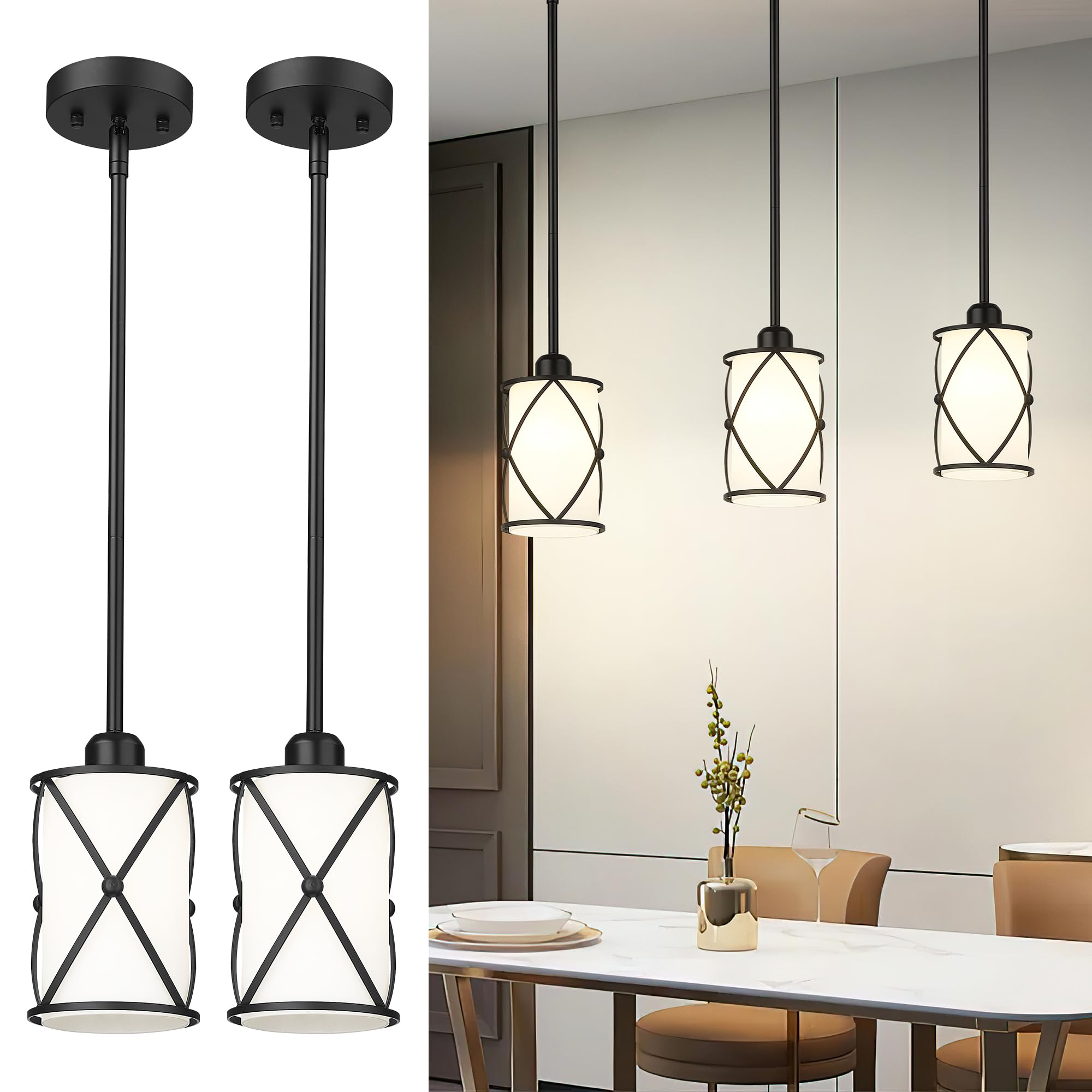 Brushed Gold Pendant Light Fixtures, 3-Light Modern Dining Room Cluster Pendant Light with Milky Glass, Mid Century Cage Hanging Pendant Lighting for Kitchen, Adjustable, CH9176BGW3