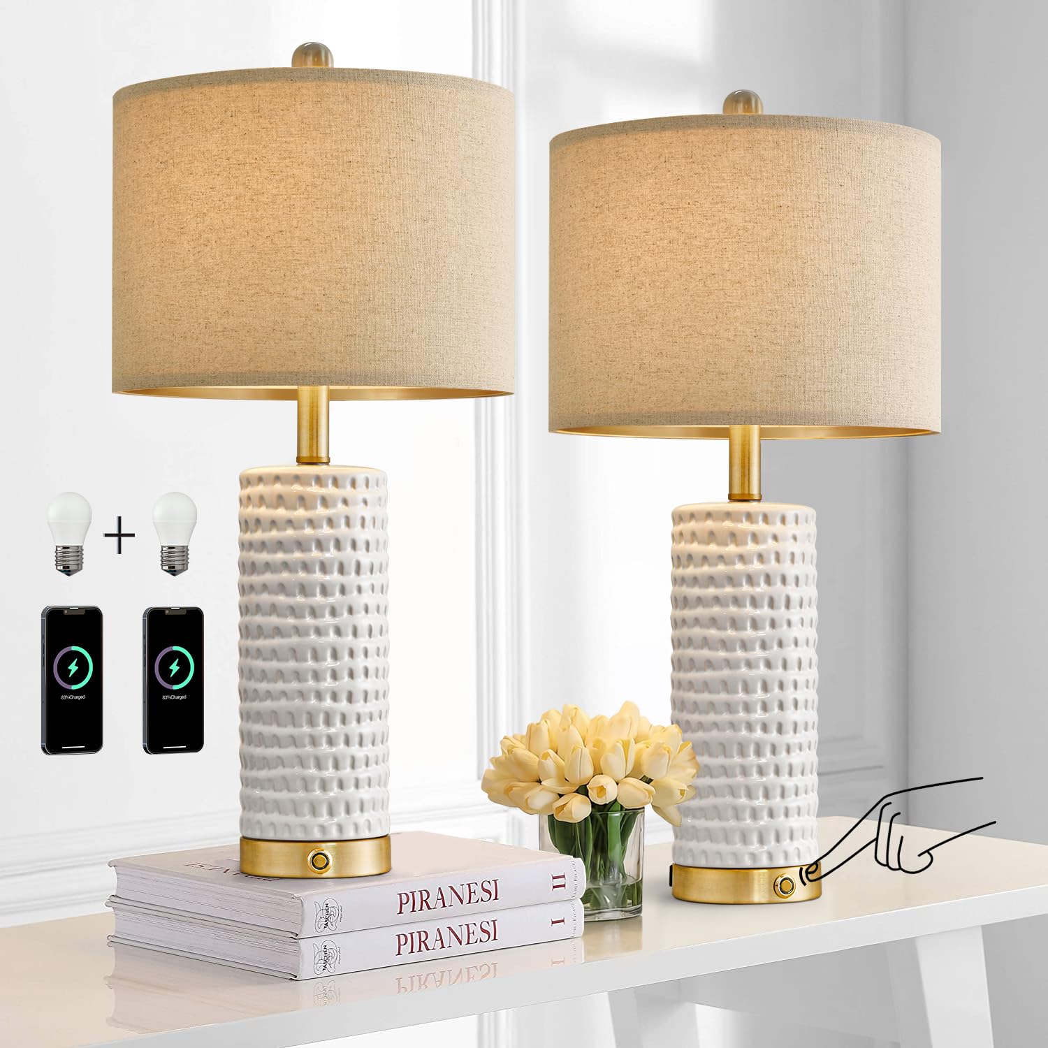 24" Farmhouse Ceramic Table Lamp Set of 2 for Bedroom Living Room White Desk Decor Bedside Lamps for Study Room Office Dorm Modern Accent Nightstand Lamp End Table Lamps