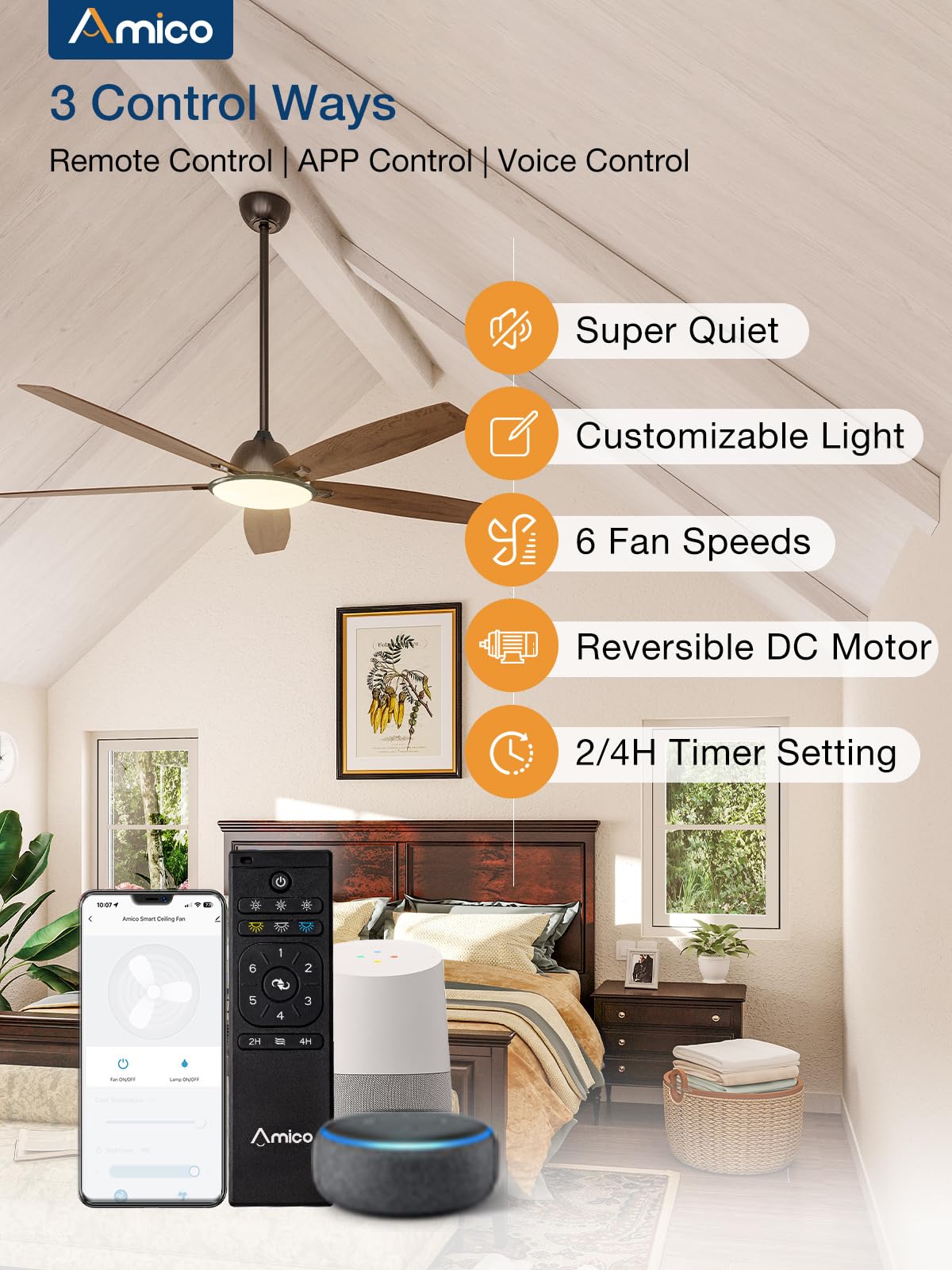 Ceiling Fans with Lights, 52 inch Smart Ceiling Fan with Remote/APP/Alexa Control, Reversible DC Motor, 5 Blades, 6 Speeds, 3CCT, Dimmable, Noiseless, Wifi Ceiling Fan for Bedroom, Farmhouse