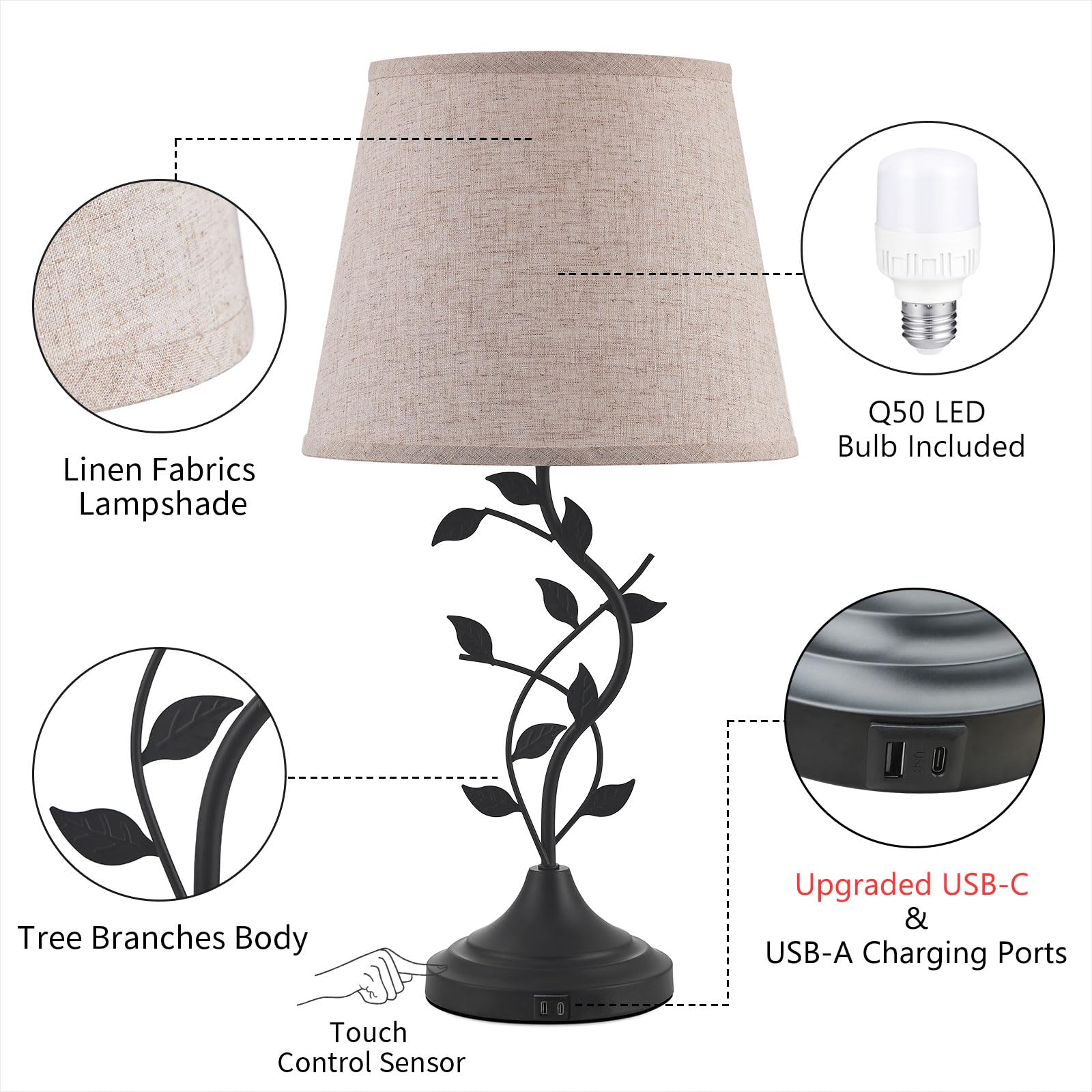 USB Charging Bedside Nightstand Lamp for Living Room and Bedroom - Traditional Tall Retro Desk Lamp with USB-A and USB-C Ports