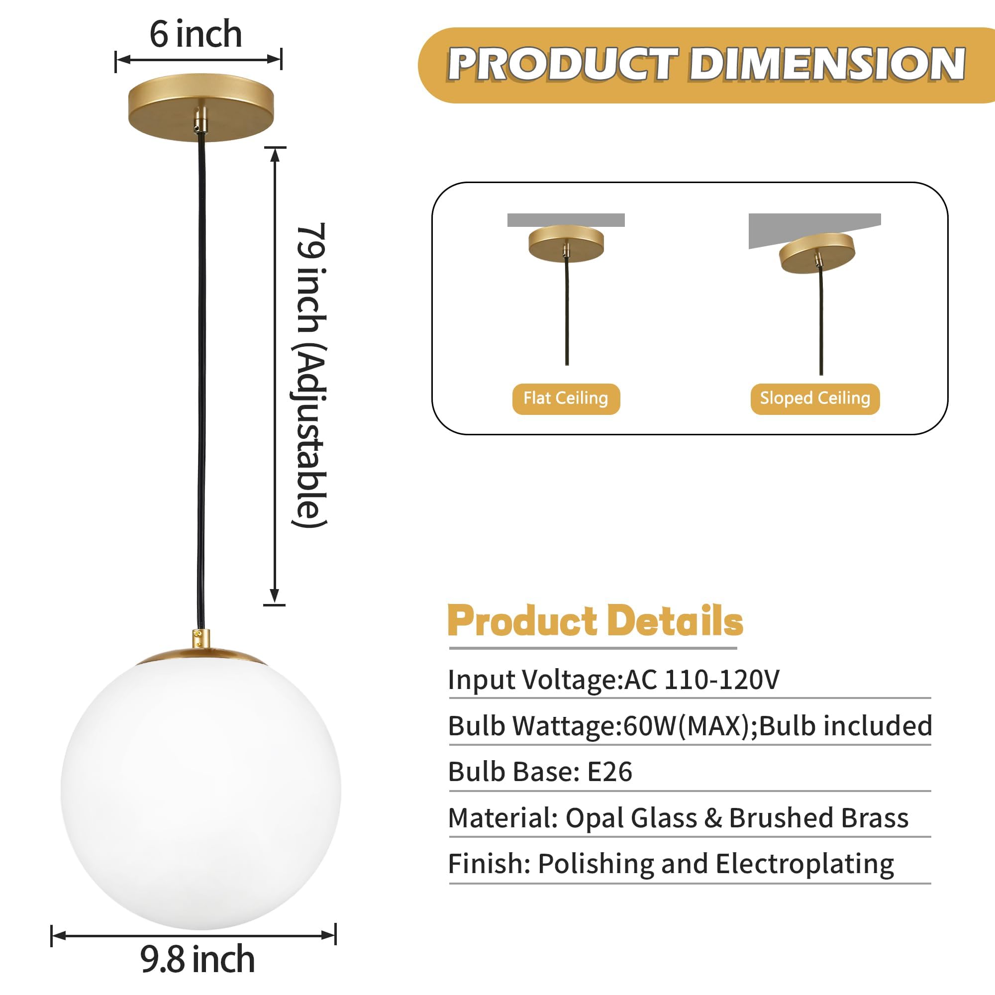 6-inch Mini Modern Globe Pendant Light Clear Glass with Brass Finish Contemporary Mid Century Adjustable Hanging Light Fixture for Living Room Bedroom Kitchen