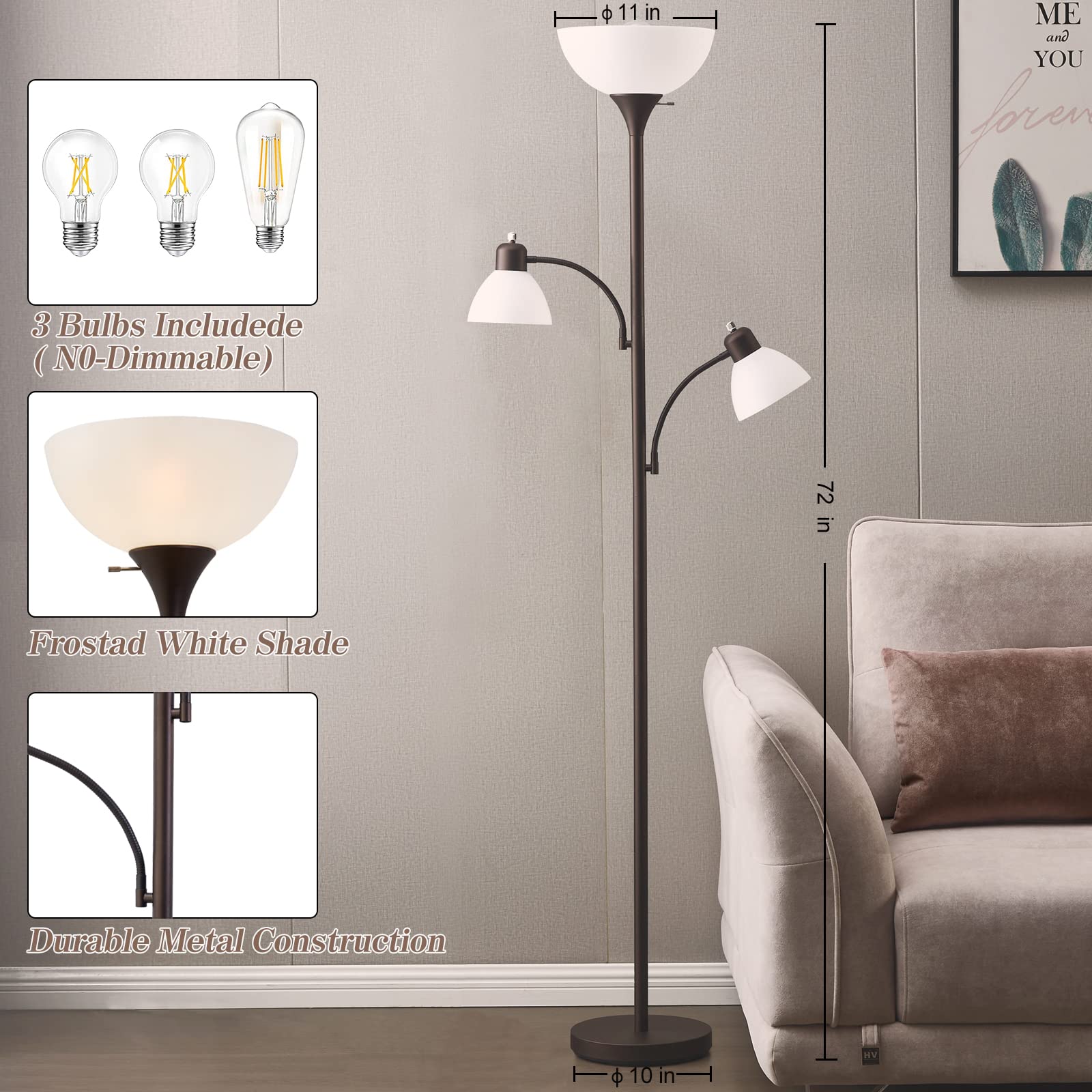 Floor Lamps for Living Room, 72" Tall Standing Lamps, Torchiere Lamp with 8W Adjustable Reading Lights, Modern Bright Floor Lamp for Bedroom, Office, Dresser, Gold&White, Bulbs Included