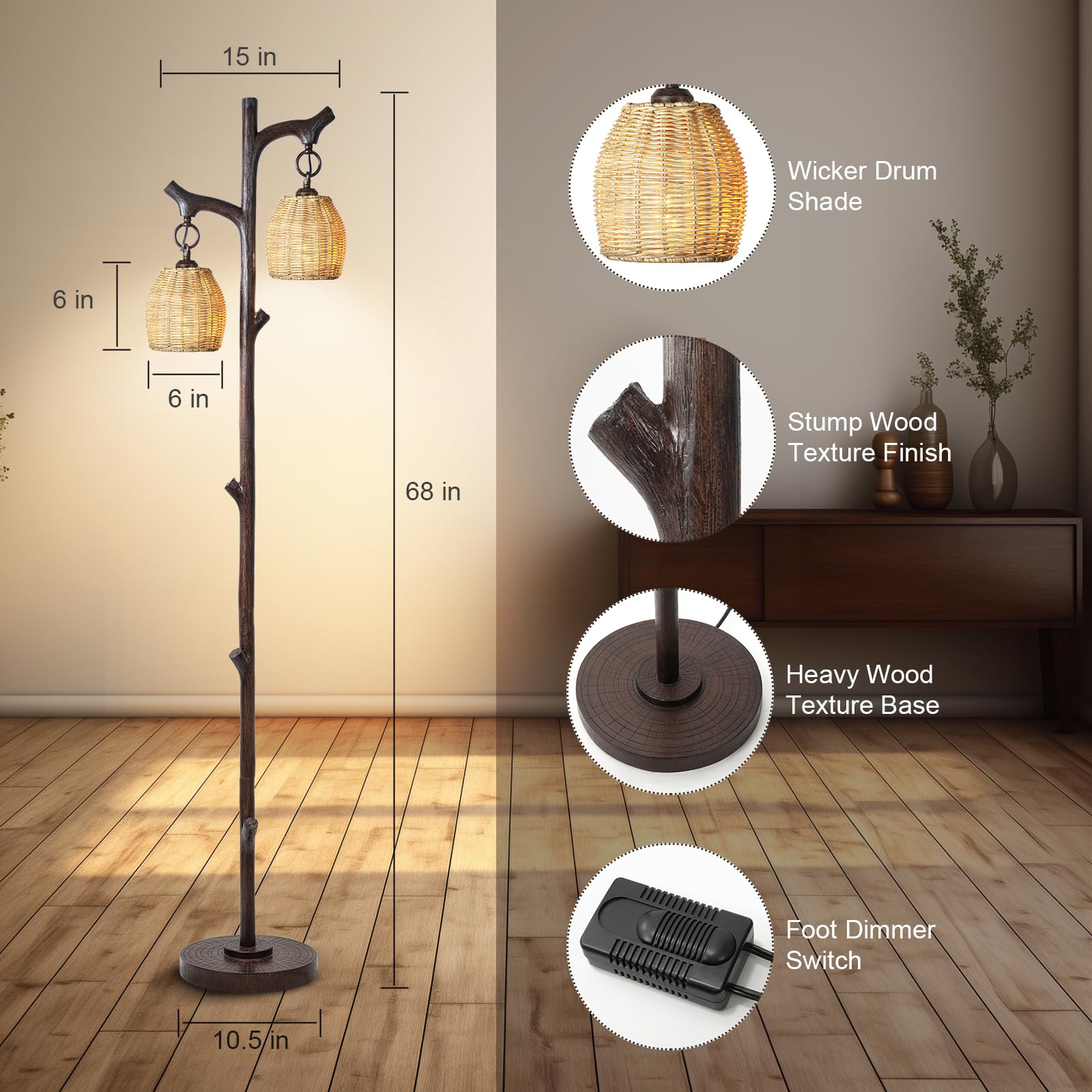 68.5" Rustic Farmhouse Remote Control Switch Birch Tree Floor lamp with Bird Nest Lantern Shade Vintage Standing Lamp for Living Room Bedroom Hotel Bar Office Wood House(LED Bulb Included)