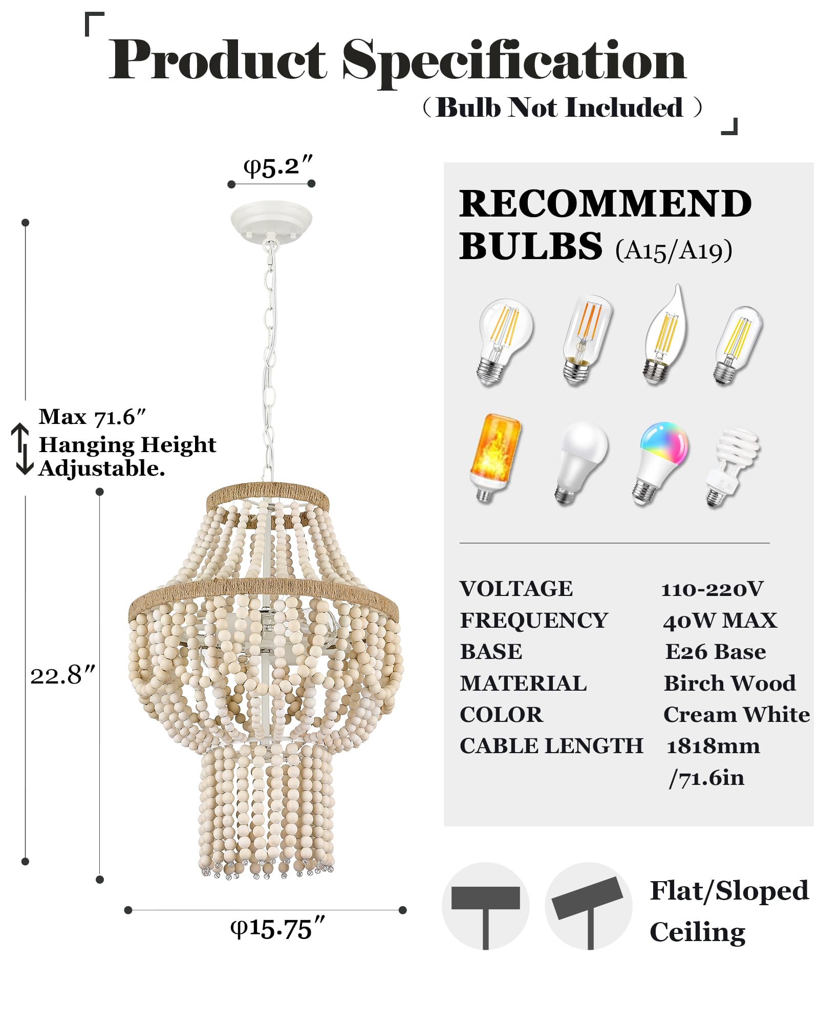 Chandelier, 21" Farmhouse Wood Chandelier, 5-Light Rustic Candle Pendant Light Fixtures for Dining Room,Living Room,Kitchen,Bedroom, LED Bulb Included, Handmade Distressed White