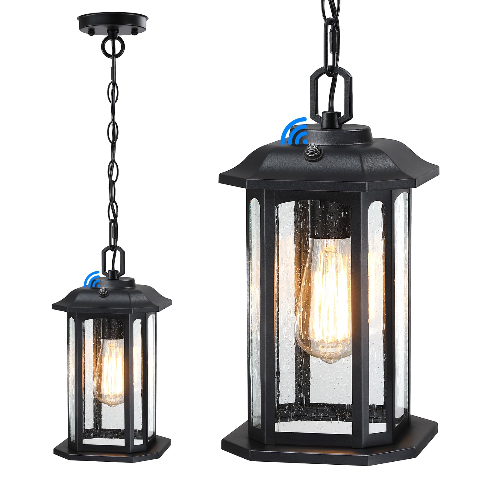 Outdoor Pendant Lights for Porch, Black Hanging Porch Light with Seeded Glass, Waterproof Outdoor Chandelier Farmhouse Outdoor Ceiling Light Fixture Lanterns, 1Pack