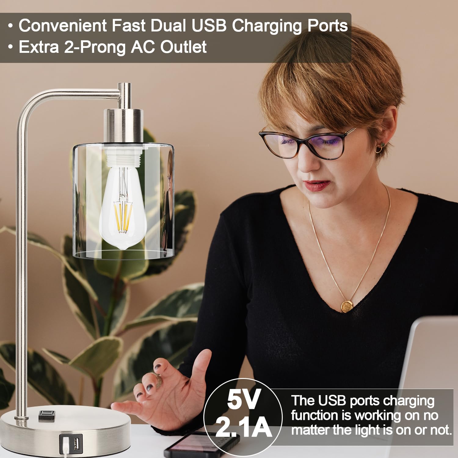 Set of 2 Industrial Touch Control Table Lamps with 2 USB Ports and AC Outlet - 3-Way Dimmable Black Bedside Lamps Nightstand Desk Lamps for Bedroom Living Room, Glass Shade & 2 LED Bulbs Included