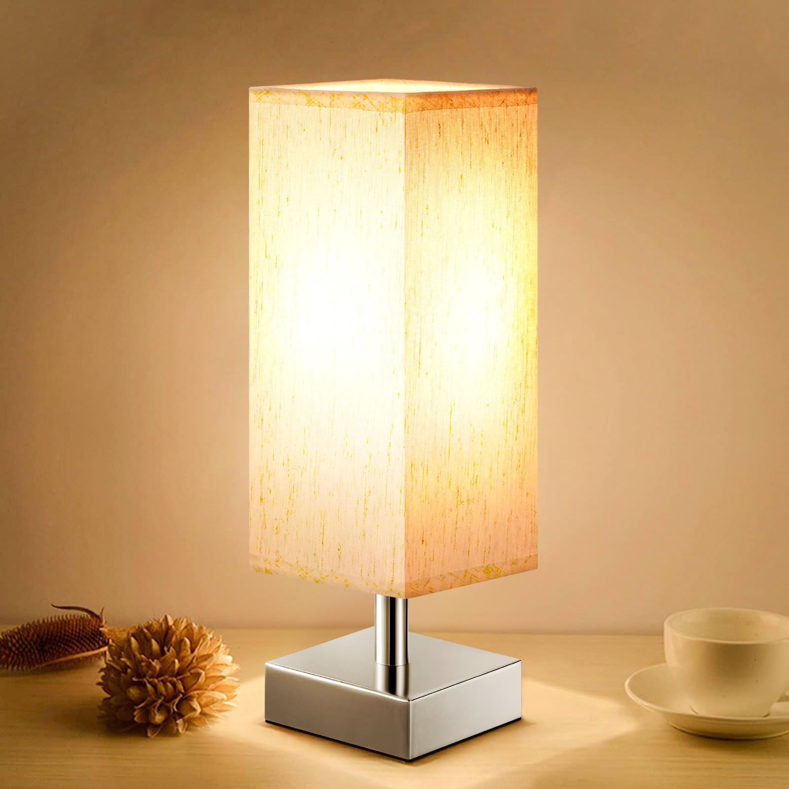 Small Table Lamp for Bedroom - Bedside Lamps for Nightstand, Minimalist Night Stand Light Lamp with Square Fabric Shade, Desk Reading Lamp for Kids Room Living Room Office Dorm