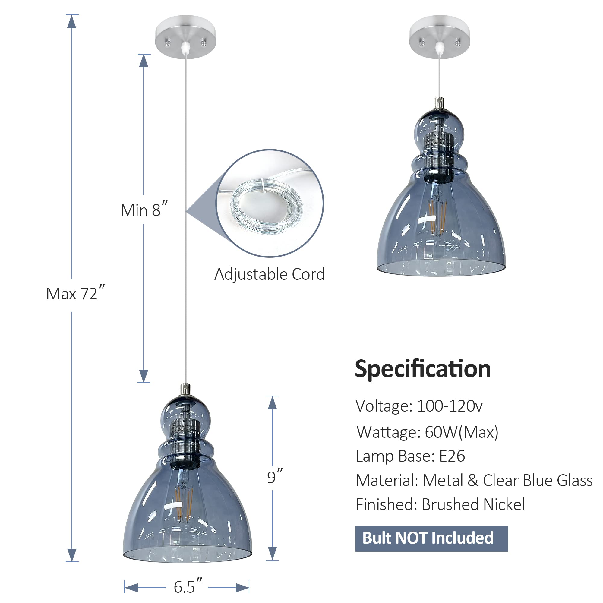 Blue Glass Pendant Lights for Kitchen Island: Modern Industrial Hanging Ceiling Light Fixture with 6.5'' Handblown Clear Glass Shade for Farmhouse Bedroom Dining Room Sink Bar 2 Packs