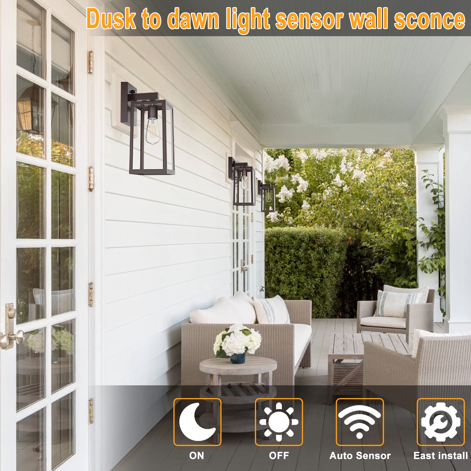 Sensor Outdoor Wall Sconce, Exterior Wall Lantern Fixture with E26 Base, Wall Mount Waterproof Wall Lamp for Porch, Doorway