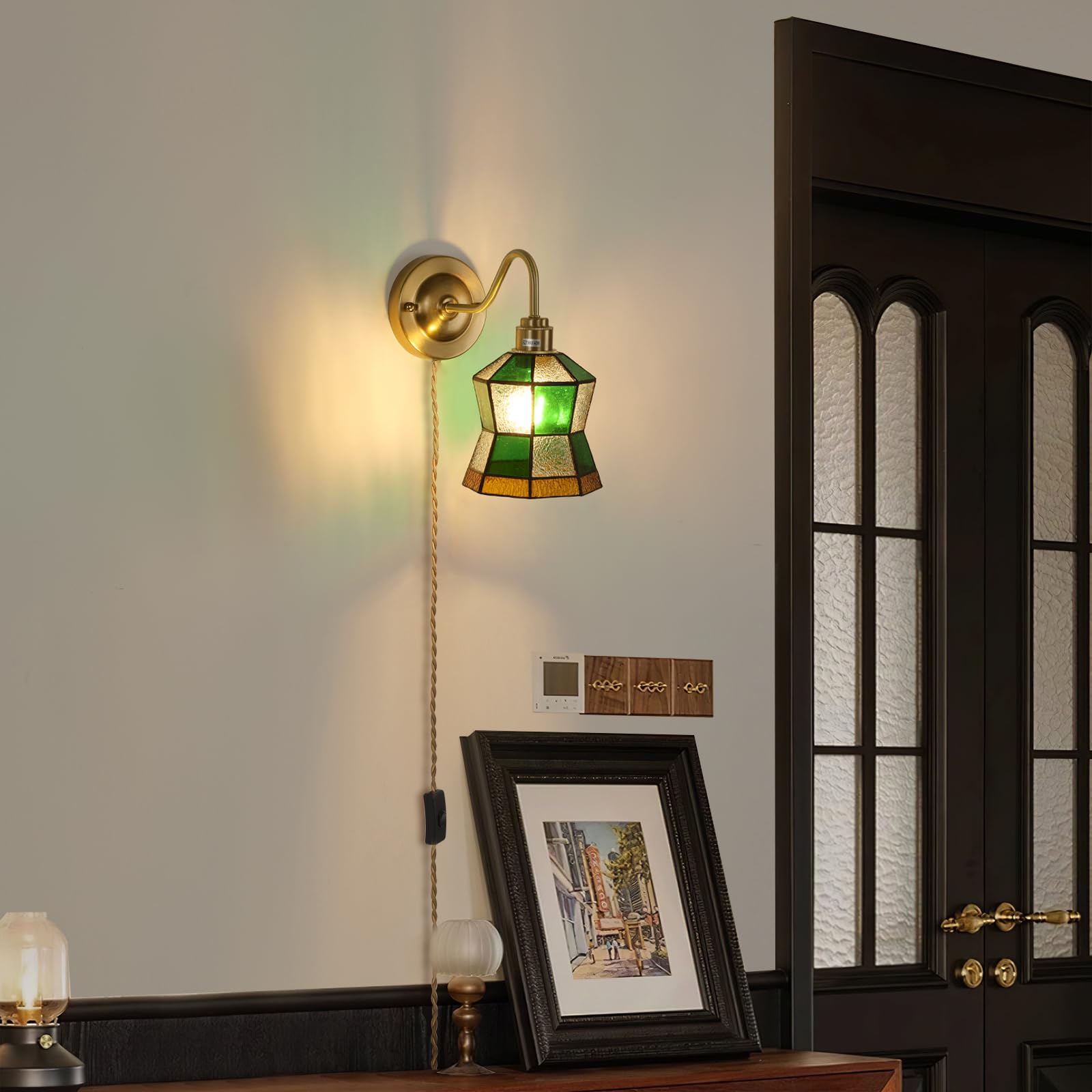 Wall Sconce, Wall Mounted Lamps with Green Checker Sconce, Stained Glass Shade Brass Wall Lights Fixture with Plug in Cord and Switch for Bedroom Bathroom Living Room Hallway