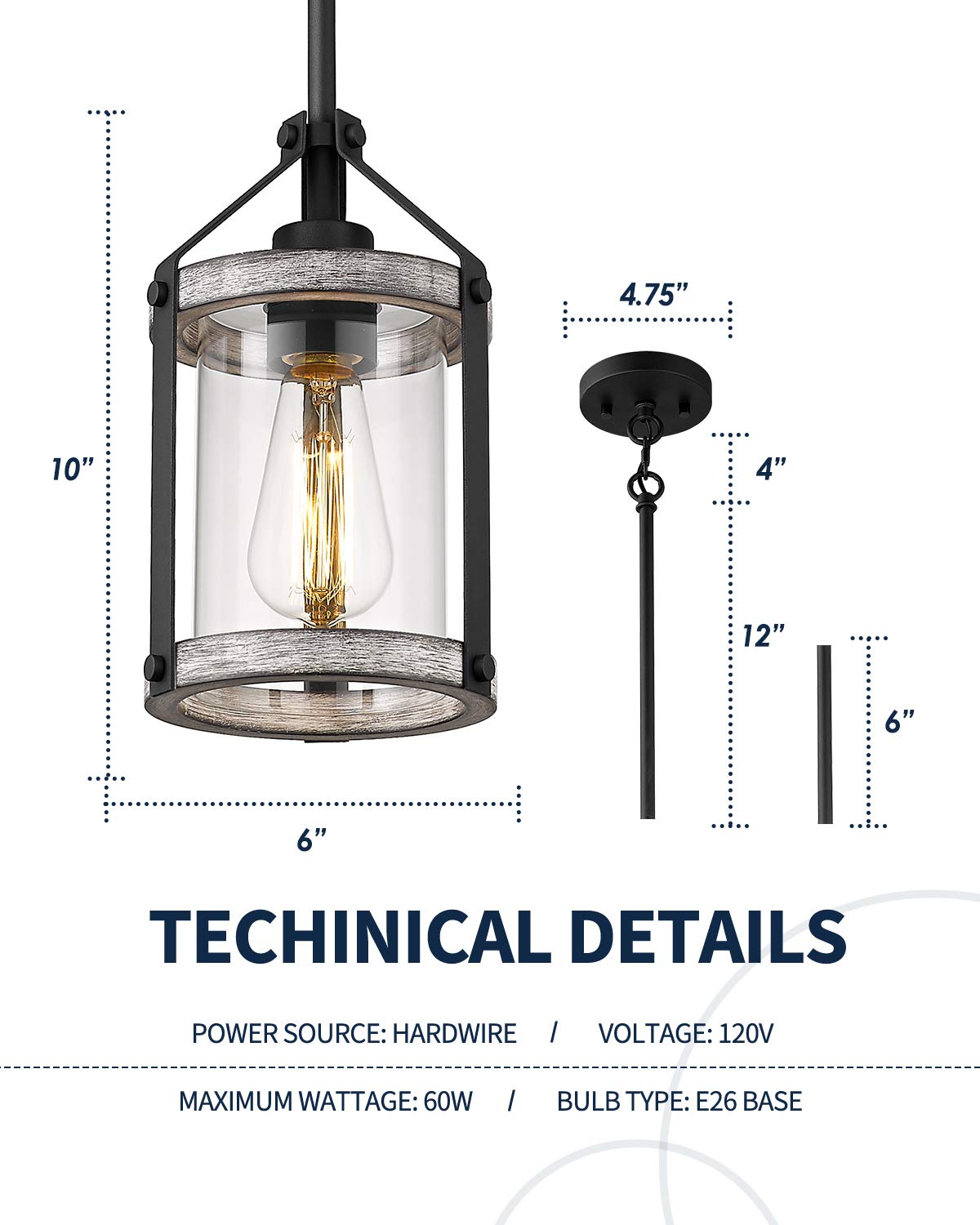 Pendant Light Fixtures, Farmhouse Wood and Glass Pendant Lighting for Kitchen Island, Rustic Length Adjustable MD89437