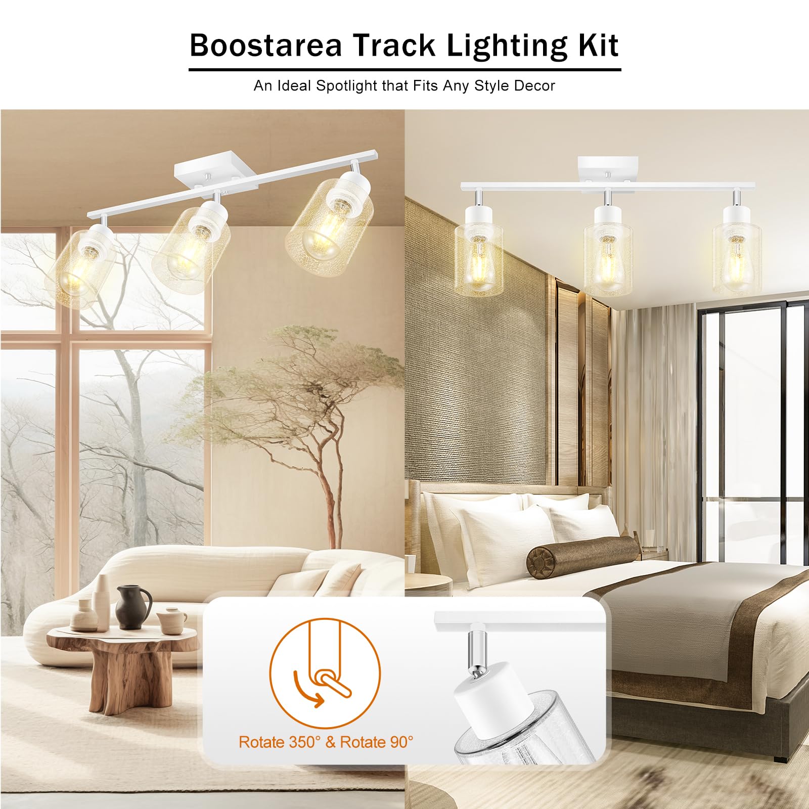 LED 4 Light Track Lighting Kit, 4 Way Ceiling Spot Lighting with Glass Lampshade, Flexibly Rotatable Light Head for Kitchen, Living Room, Bedroom, Bulb Not Included