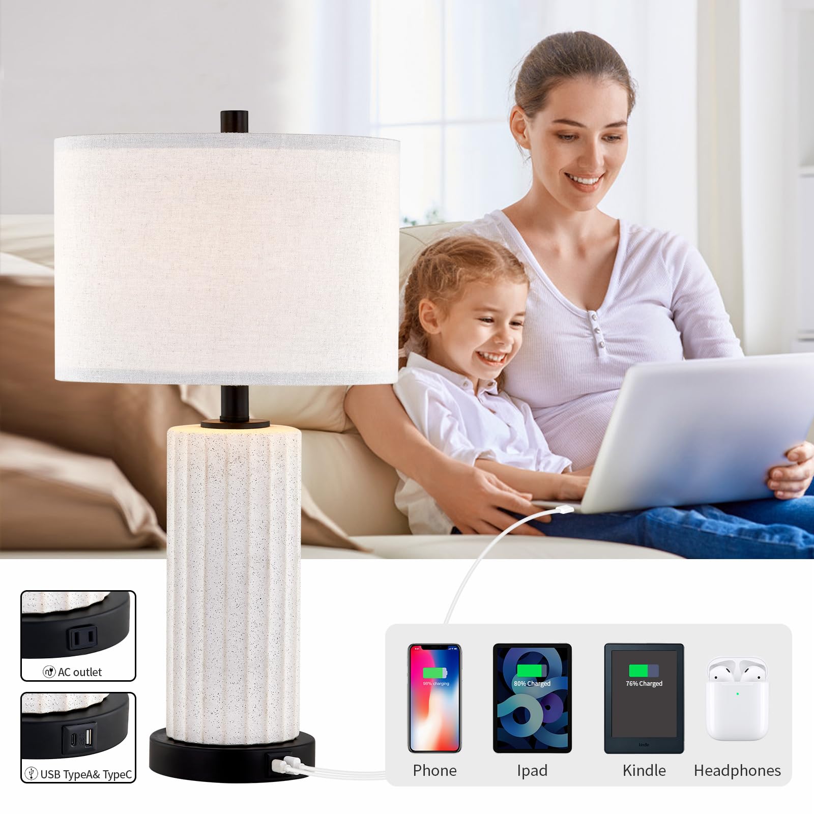 23''Ceramic Table Lamp Set of 2 for Living Room,3-Way Touch Control Bedside Lamps with USB Ports and AC Outlets, Textured White Finish(Bulbs Included)