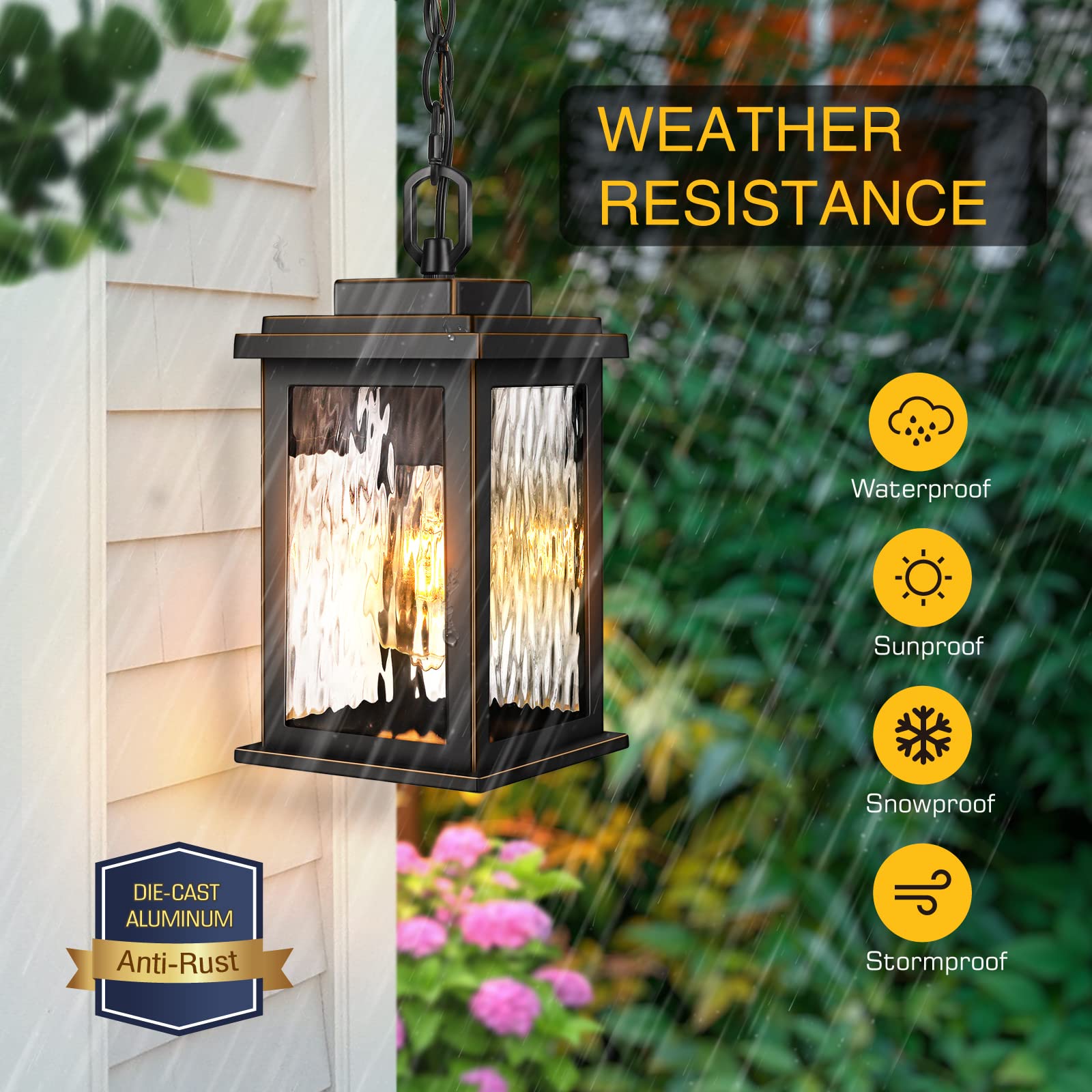 Outdoor Pendant Light Fixture, Farmhouse Exterior Hanging Lights with Adjustable Chain, Anti-Rust Aluminum Frame with Tempered Water Glass, Hanging Lantern for Front Door Ceiling Entry Porch