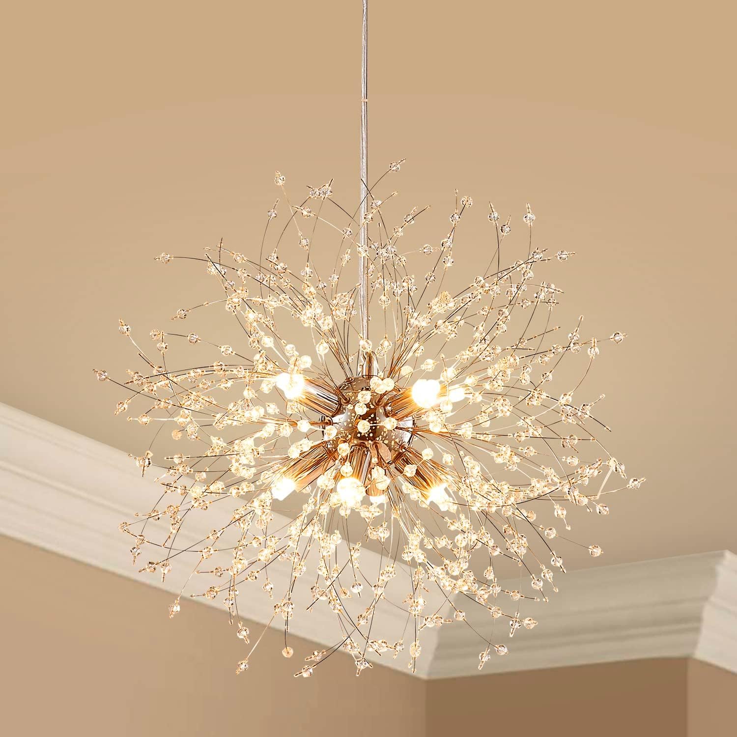 Dandelion Crystal Chandeliers, Modern Design, Firework Pendant Light Fixture for Living Space, H17'' x D17'', Adjustable Chains 59'', G9*9 Sockets, Brilliant Gold Finish Frame