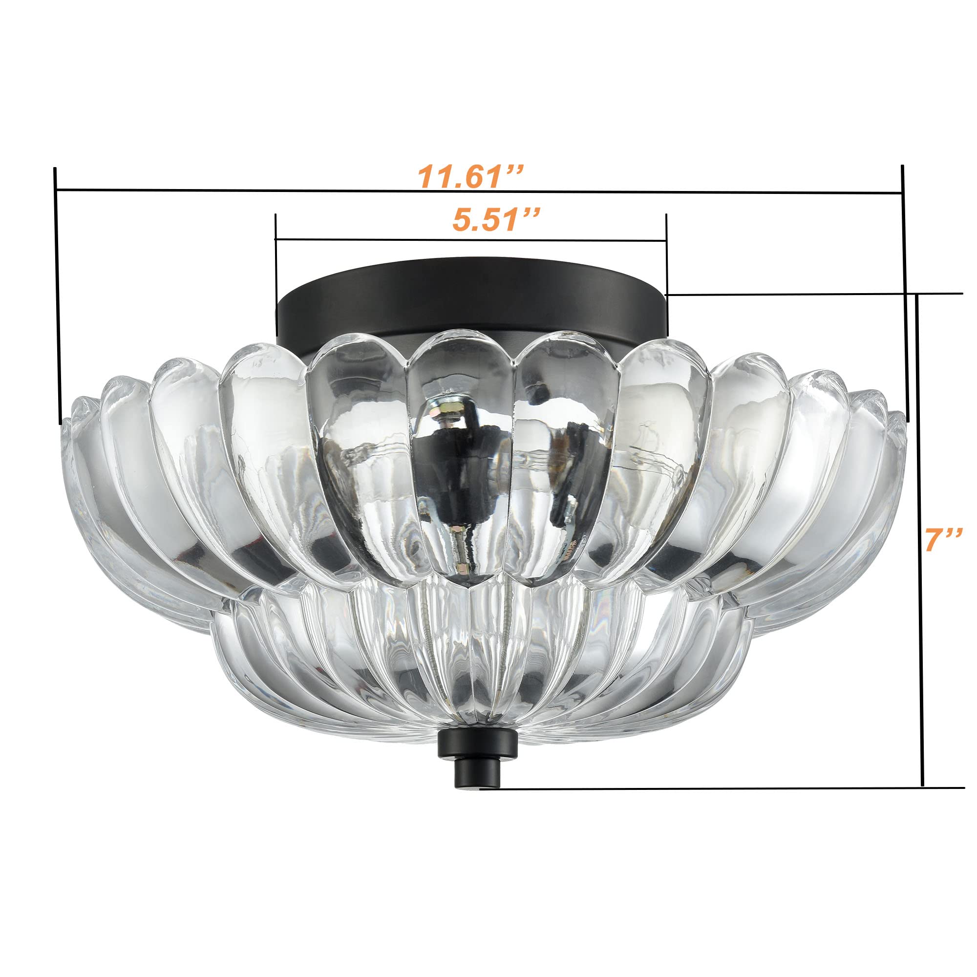 Modern Black Ceiling Light Traditional Semi Flush Mount Ceiling Light with Scalloped Clear Glass for Living Room Hallway Close to Ceiling Light Fixture