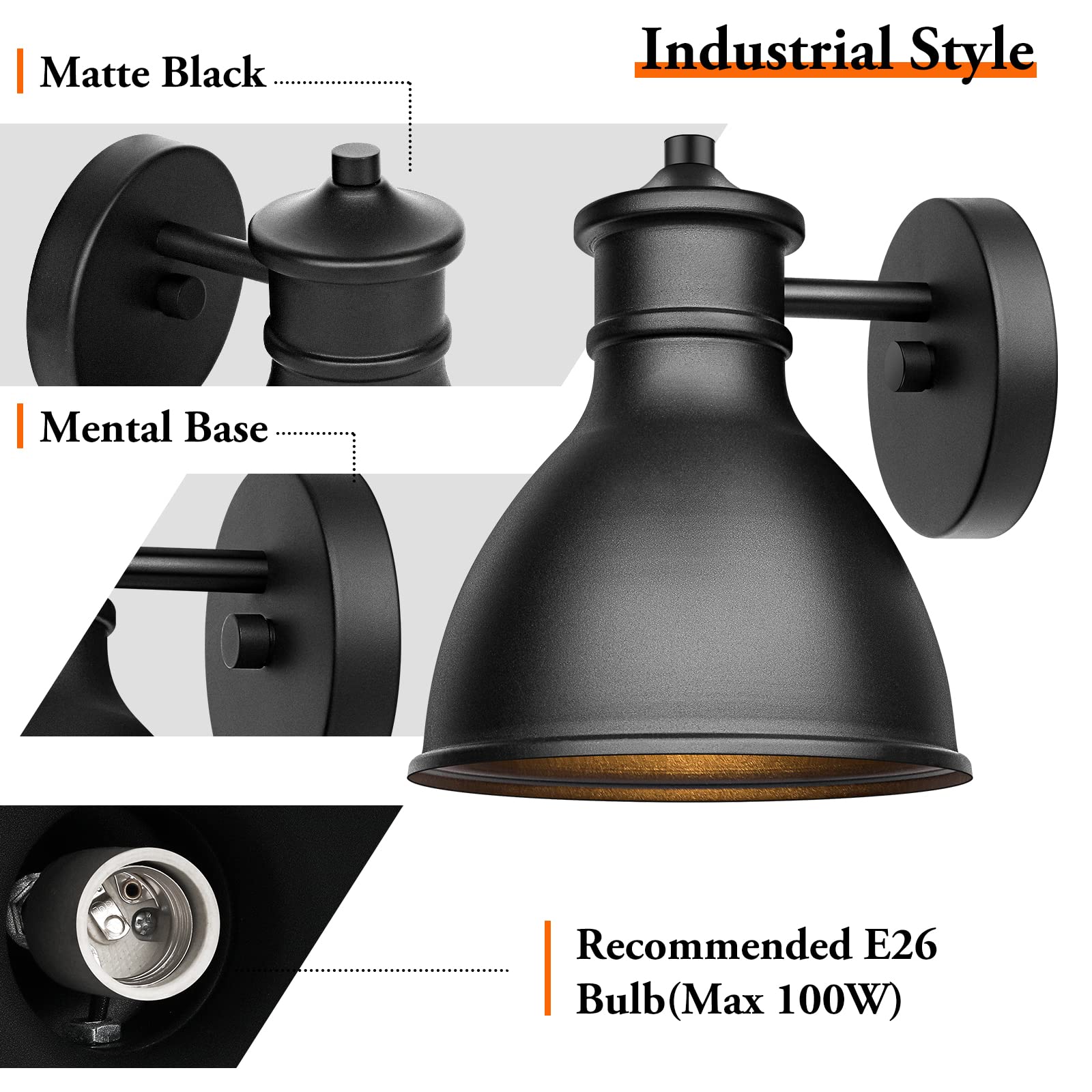 Outdoor Light Fixtures, 2-Pack Farmhouse Barn Lights for Porch, Industrial Black Exterior Wall Sconce for Garage, Patio, E26 Base Anti-Rust, Bulb not Included