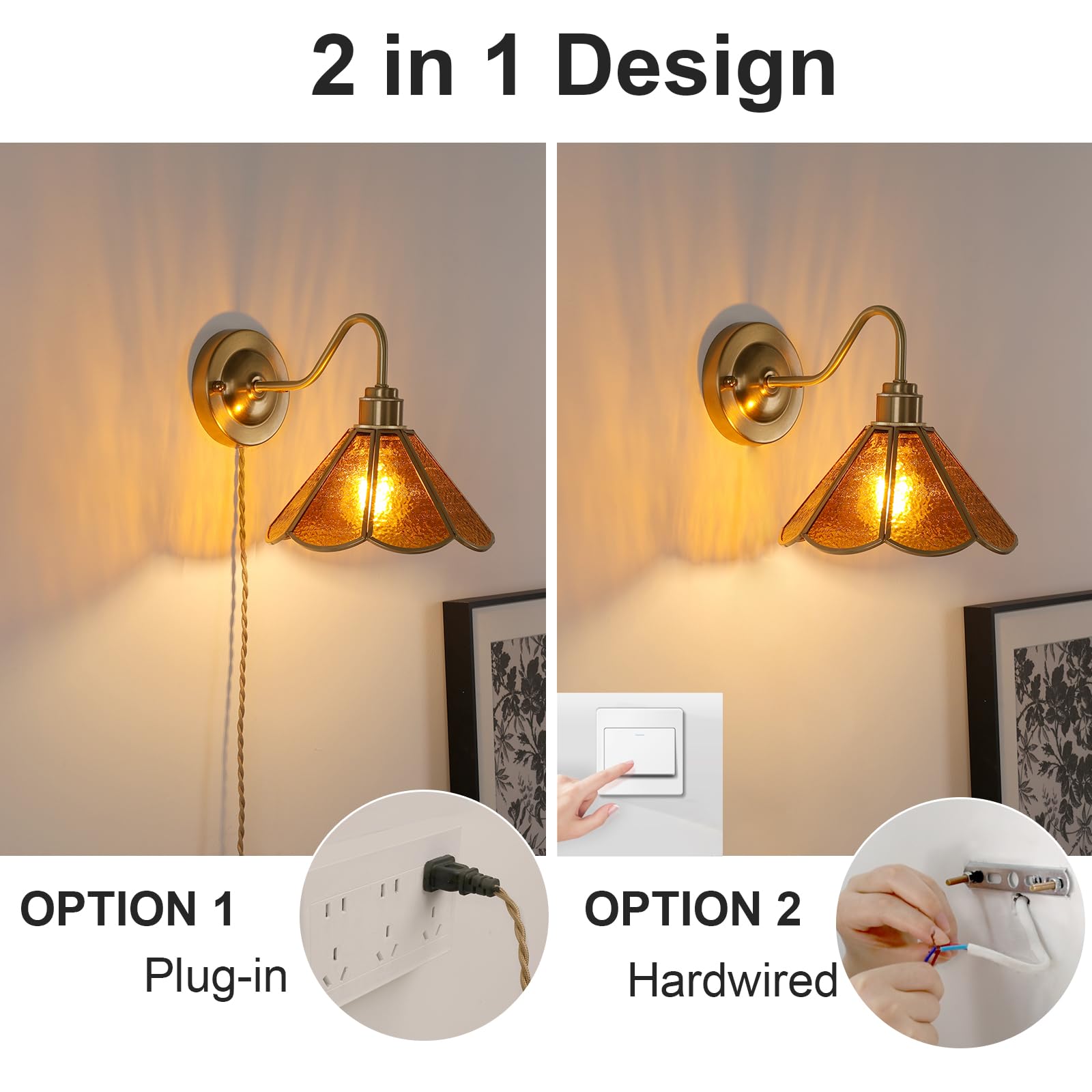 Wall Sconce, Wall Mounted Lamps with Green Checker Sconce, Stained Glass Shade Brass Wall Lights Fixture with Plug in Cord and Switch for Bedroom Bathroom Living Room Hallway