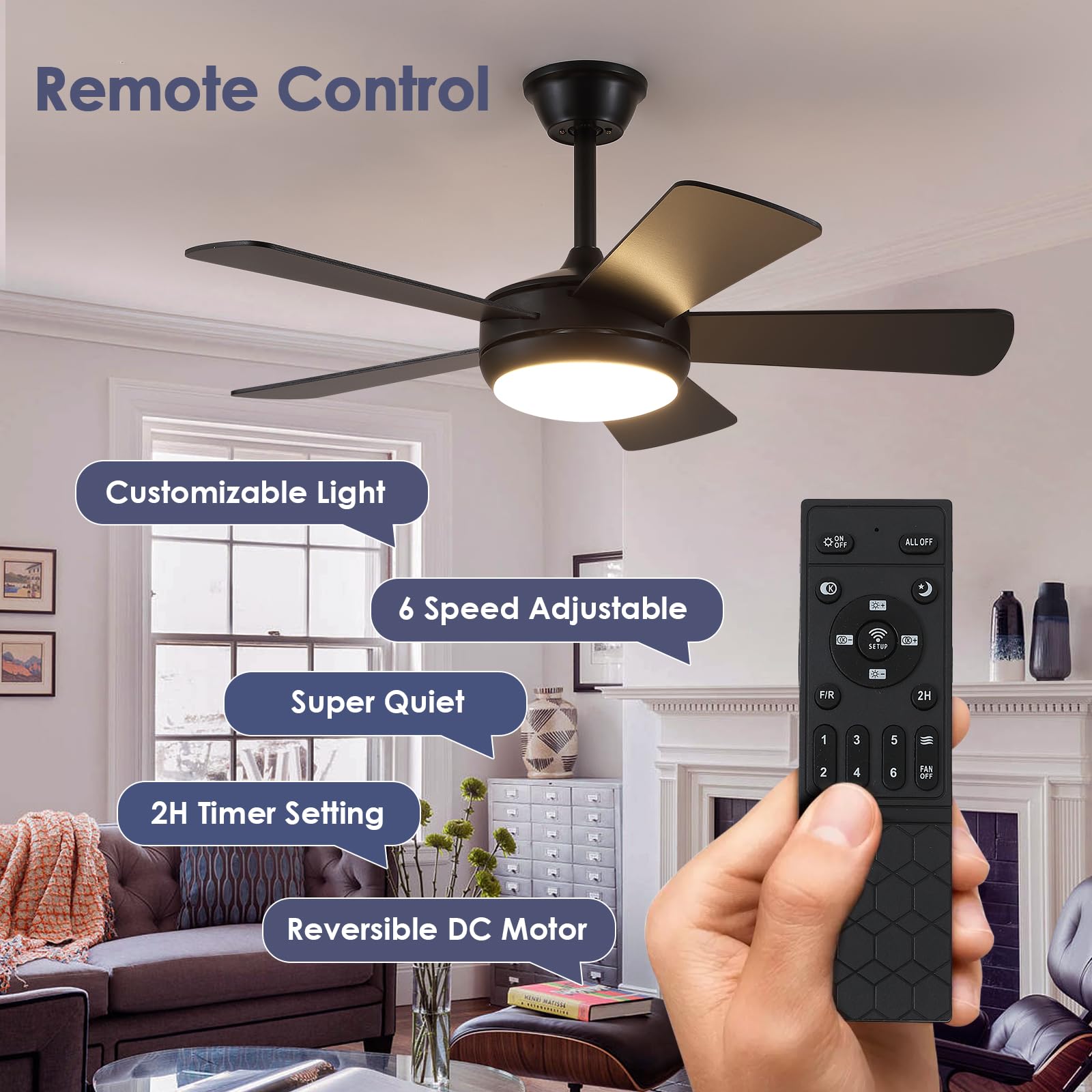 Ceiling Fans with Lights - 42" Black Outdoor Ceiling Fan with Light and Remote, Dimmable and Reversible Motor, Modern Low Profile Ceiling Fan Lights for Indoor Bedroom/Outdoor Covered Patio…