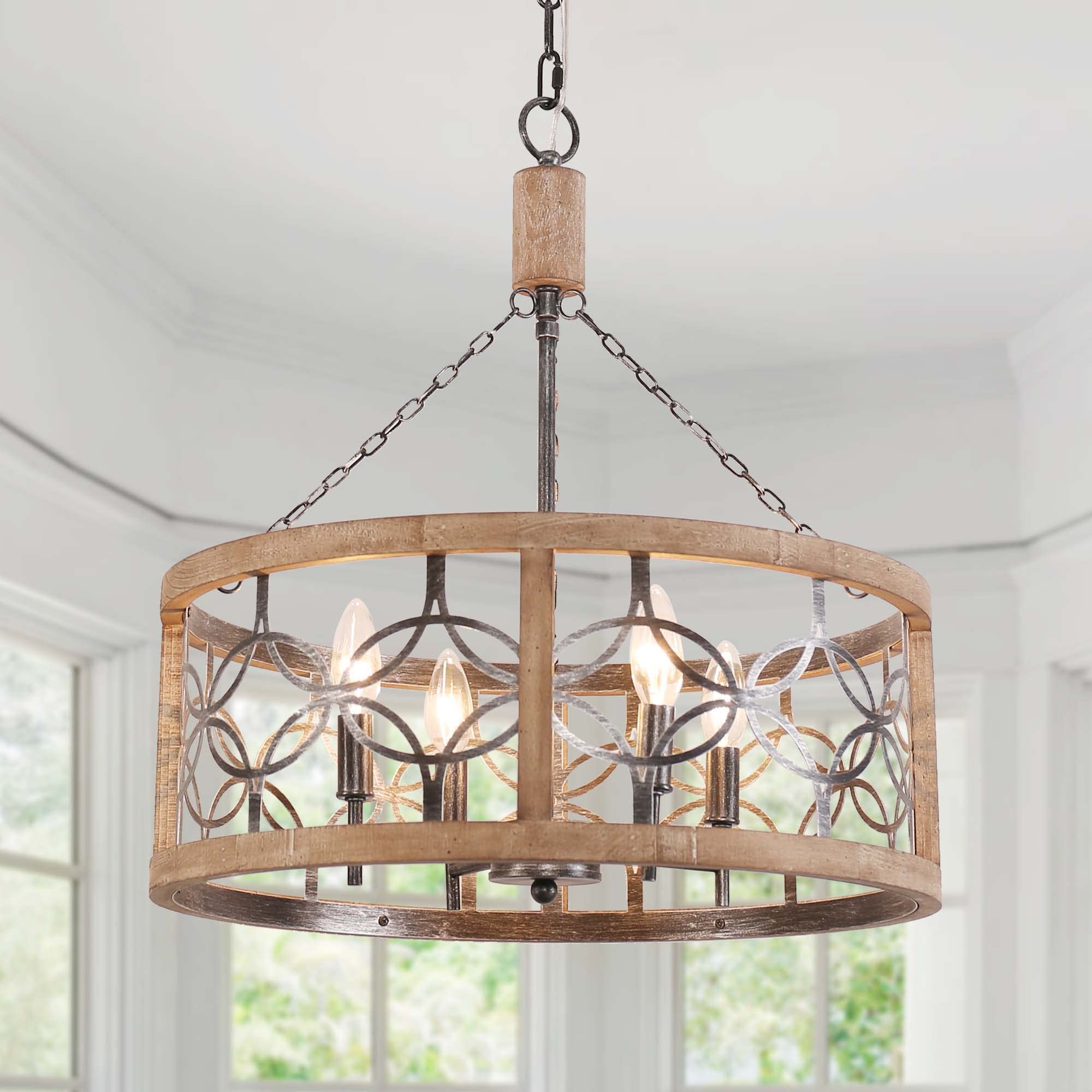 Rustic Farmhouse Chandelier, 4-Light Handmade Wood Pendant for Kitchen, Dining, Foyer, W19.7 x H21.6, Weathered Wood